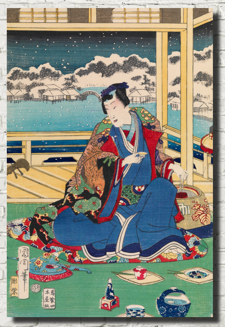 Toyohara Kunichika, Japanese Art Print : Genji Viewing Snow From a Balcony
