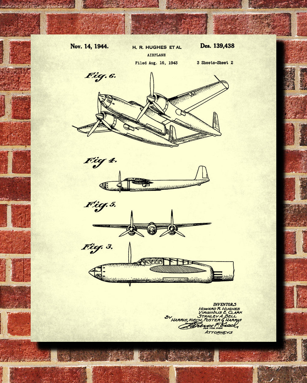 Hughes Aircraft Blueprint Flying Patent Print Airplane Aeroplane Poster - OnTrendAndFab