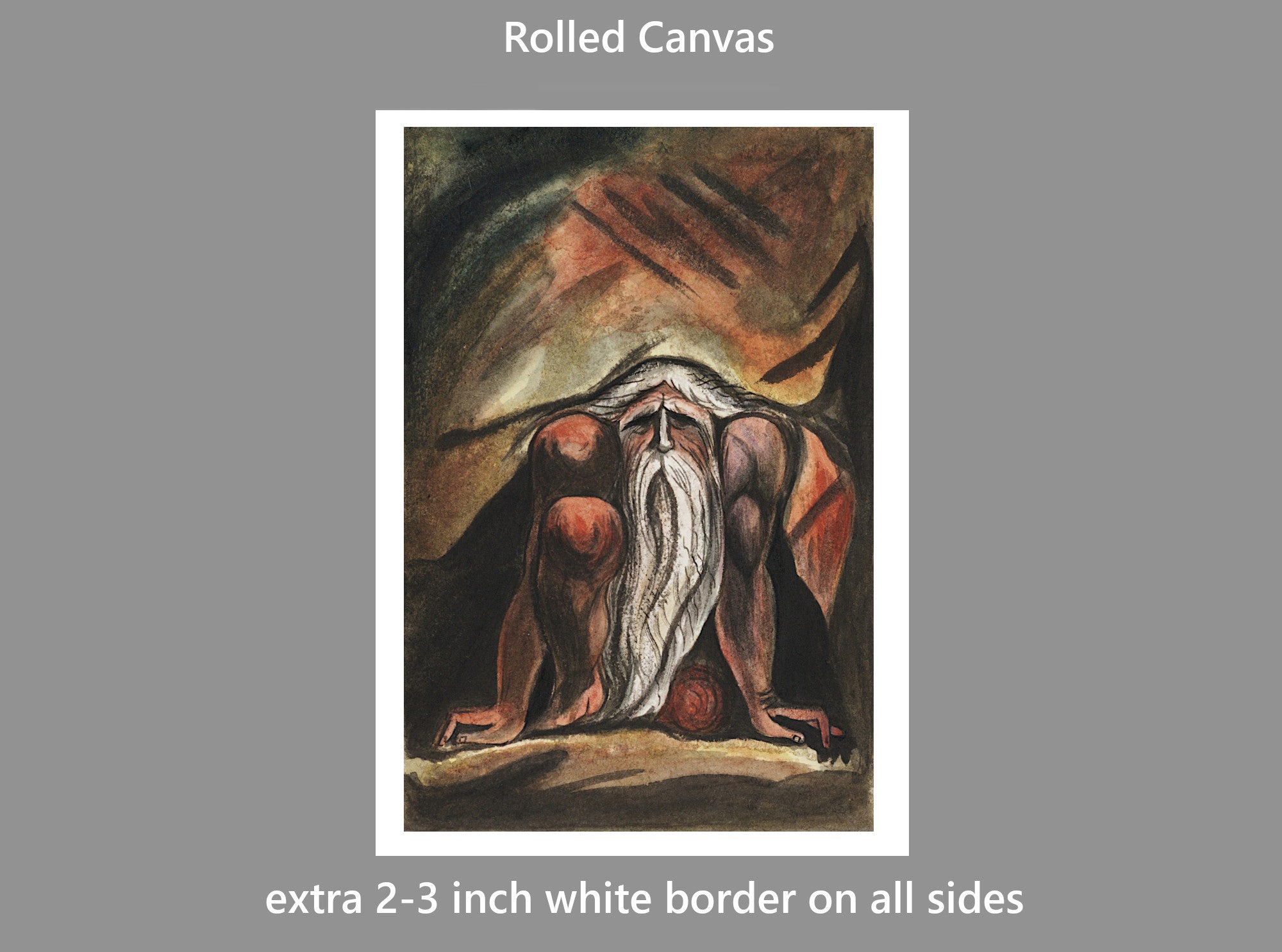 William Blake, Illustration of a bearded man, crouching, Book of Urizen