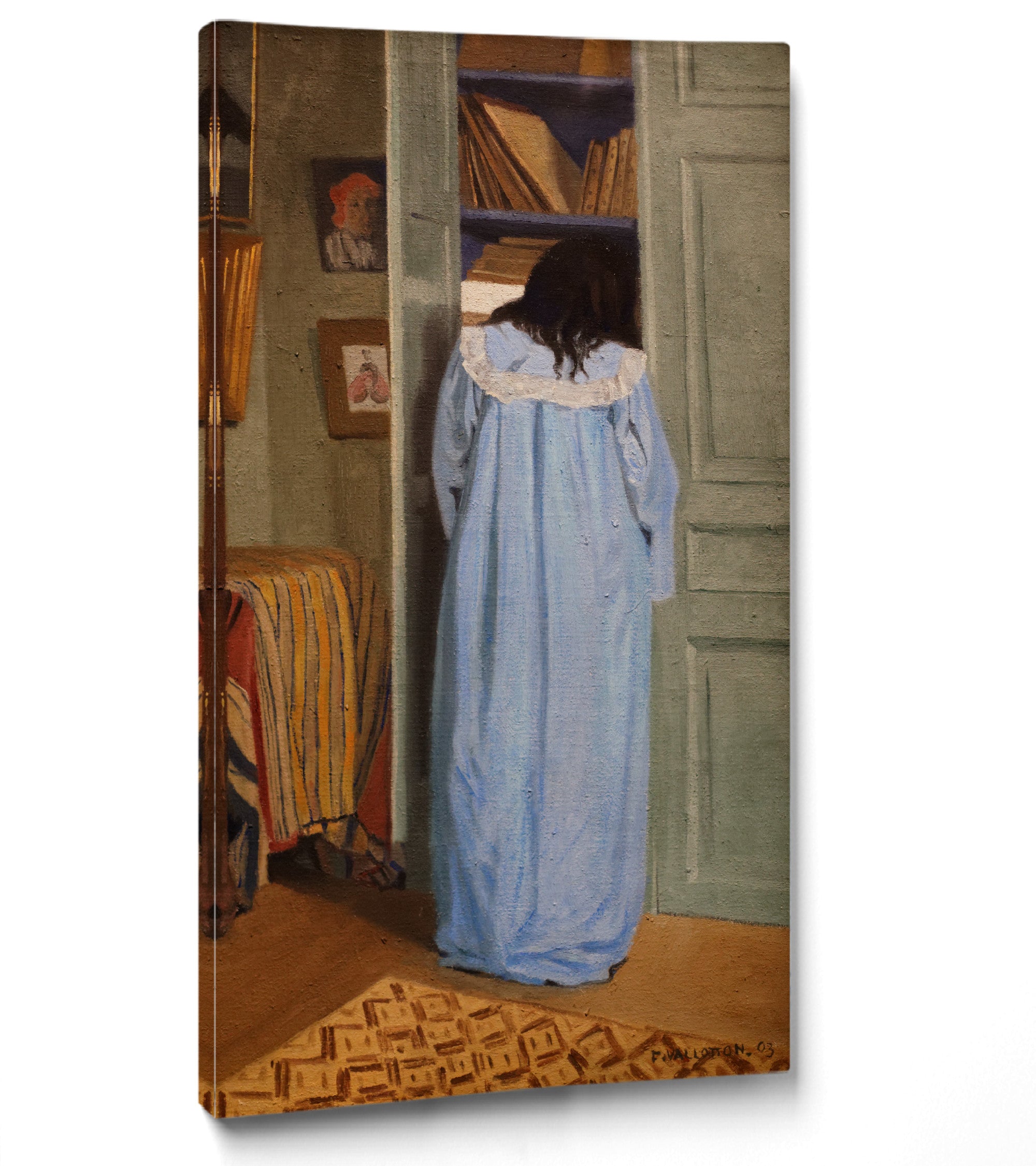 Interior, woman in blue searching in a cupboard, Félix Vallotton