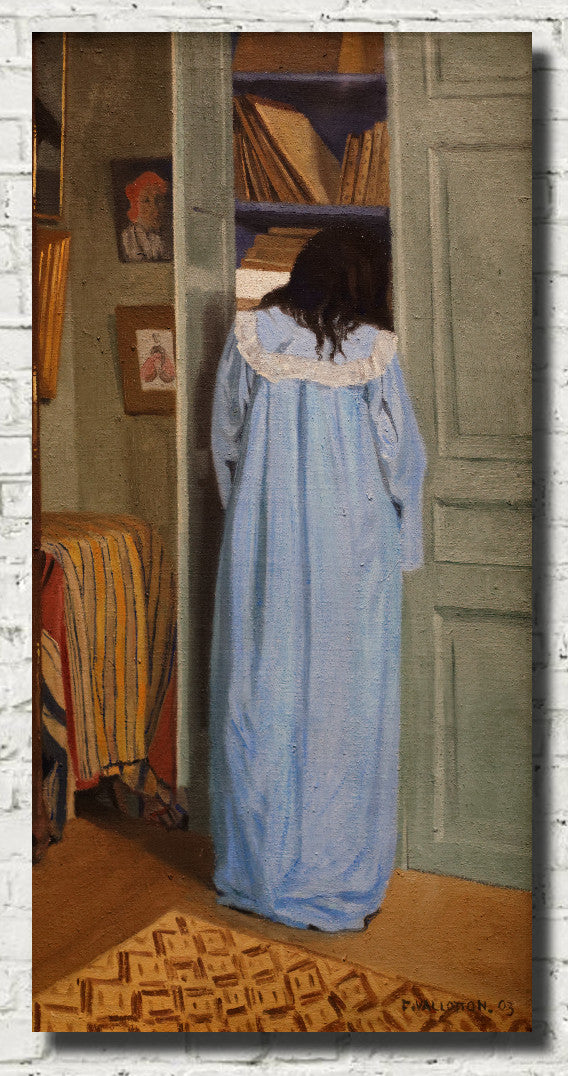 Interior, woman in blue searching in a cupboard, Félix Vallotton