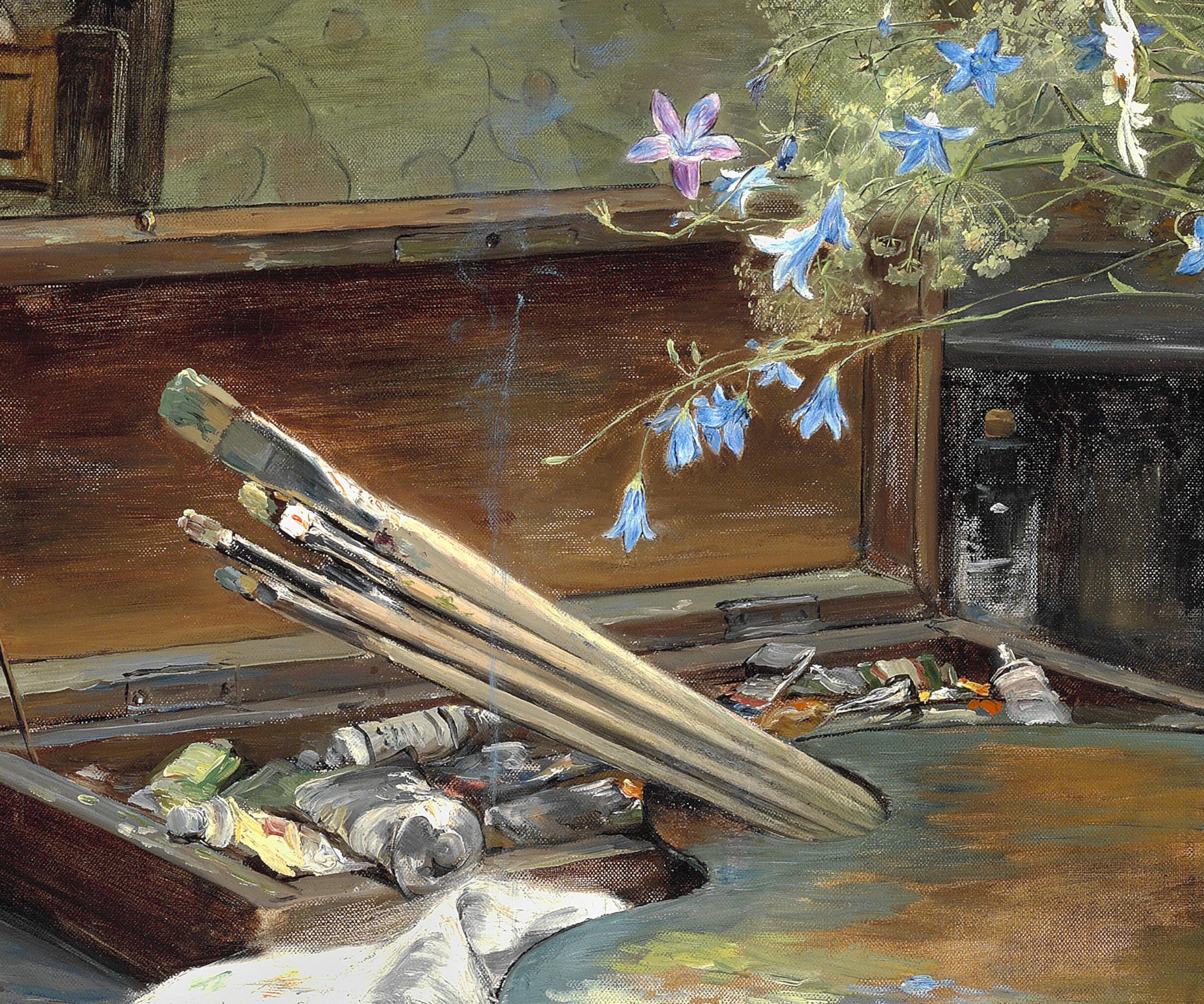 Bertha Wegmann Fine Art Print, Interior with field bouquet, artist's paint box, palette and a half-smoked cerut