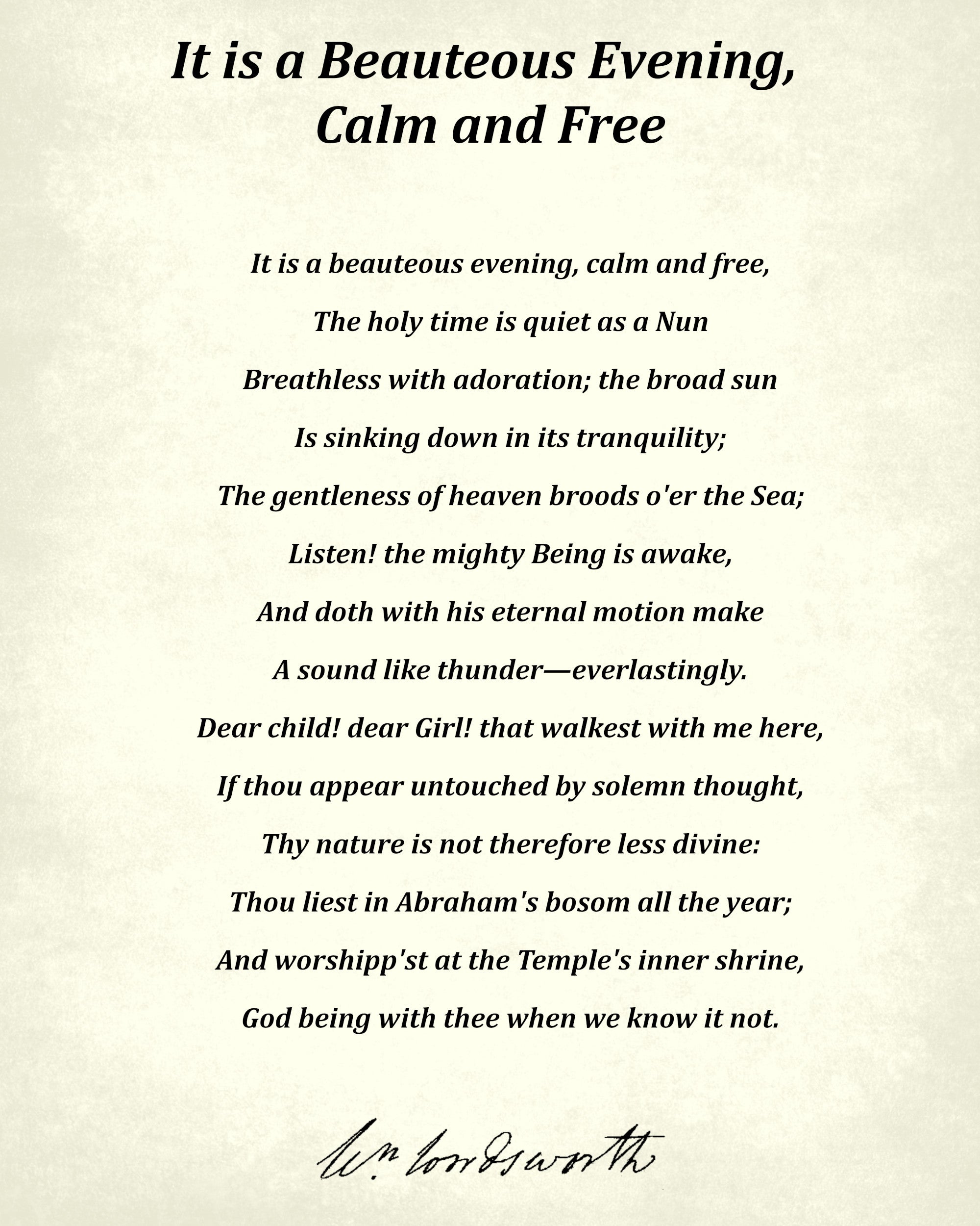 It is a Beauteous Evening, Calm and Free, Poem by William Wordsworth, Typography Print