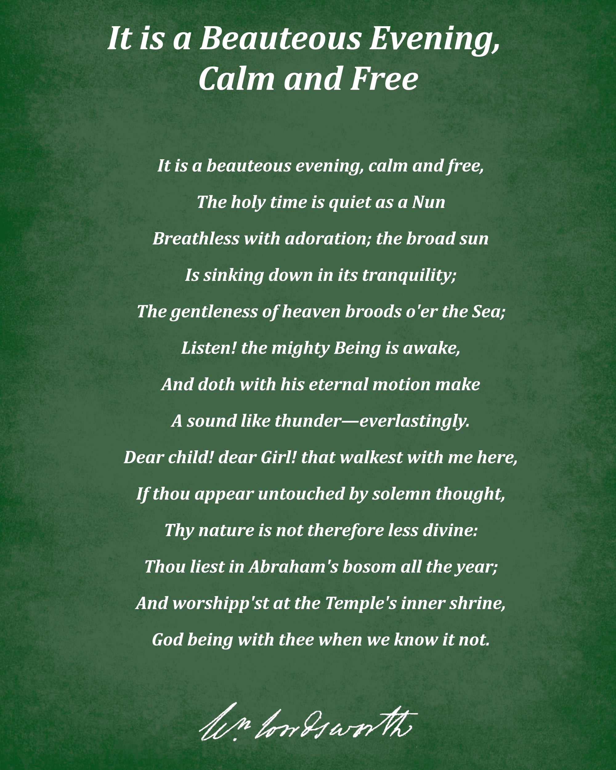 It is a Beauteous Evening, Calm and Free, Poem by William Wordsworth, Typography Print