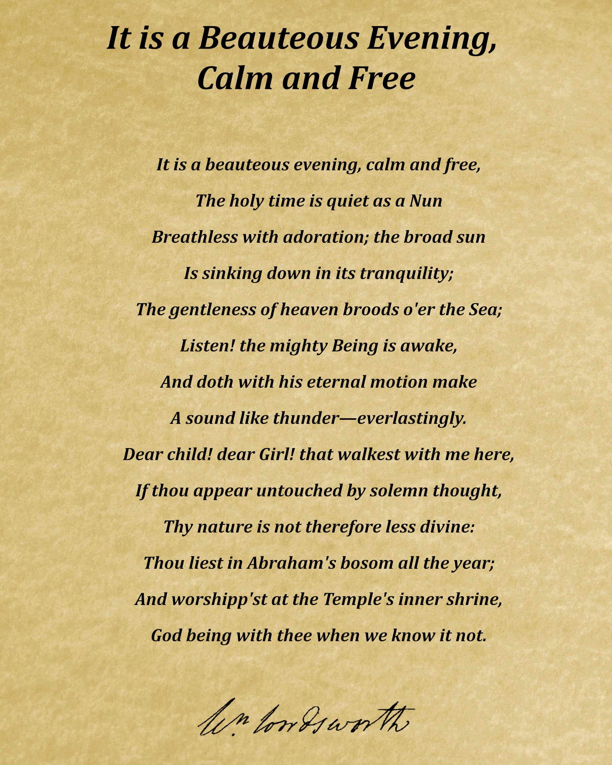 It is a Beauteous Evening, Calm and Free, Poem by William Wordsworth, Typography Print