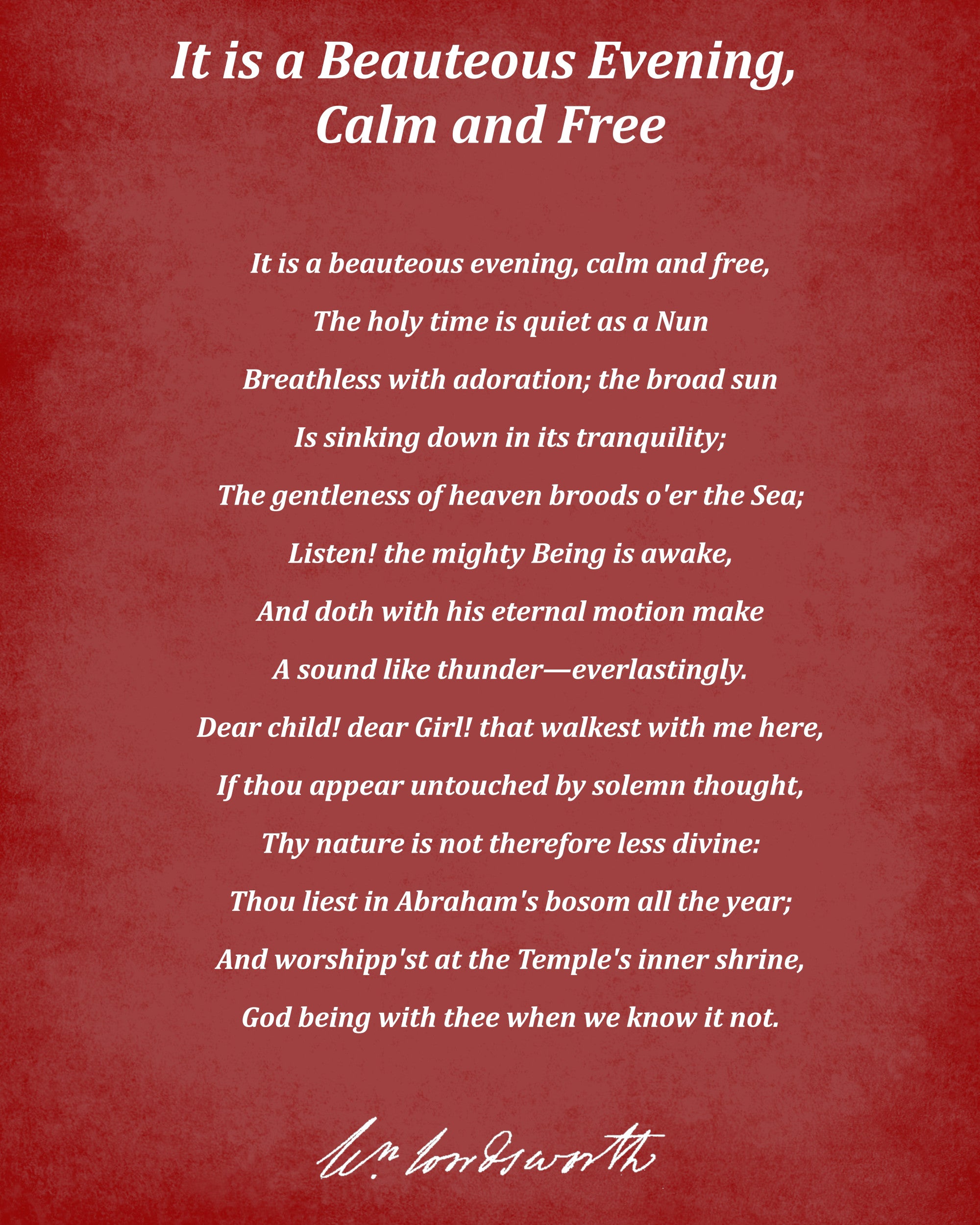 It is a Beauteous Evening, Calm and Free, Poem by William Wordsworth, Typography Print