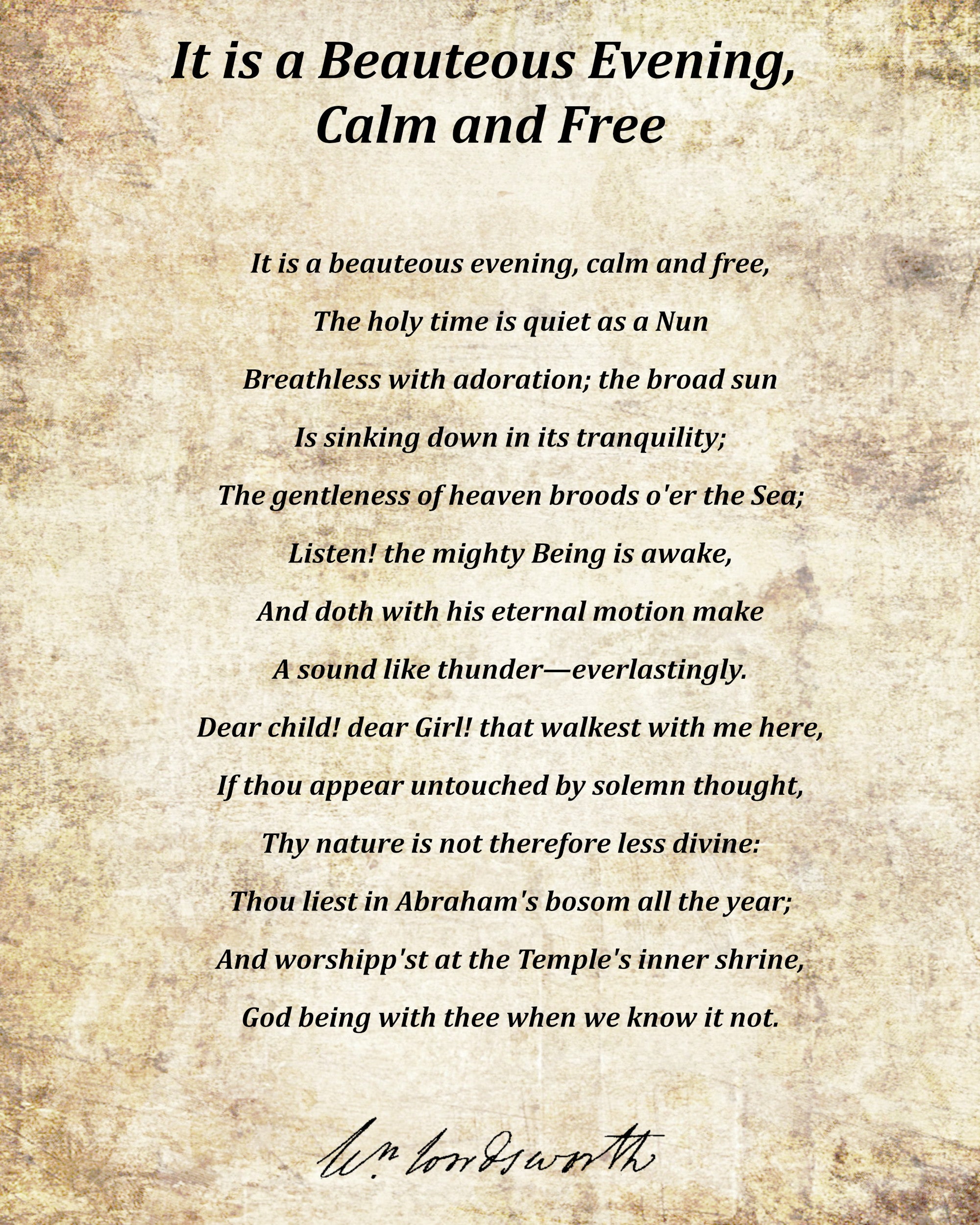 It is a Beauteous Evening, Calm and Free, Poem by William Wordsworth, Typography Print