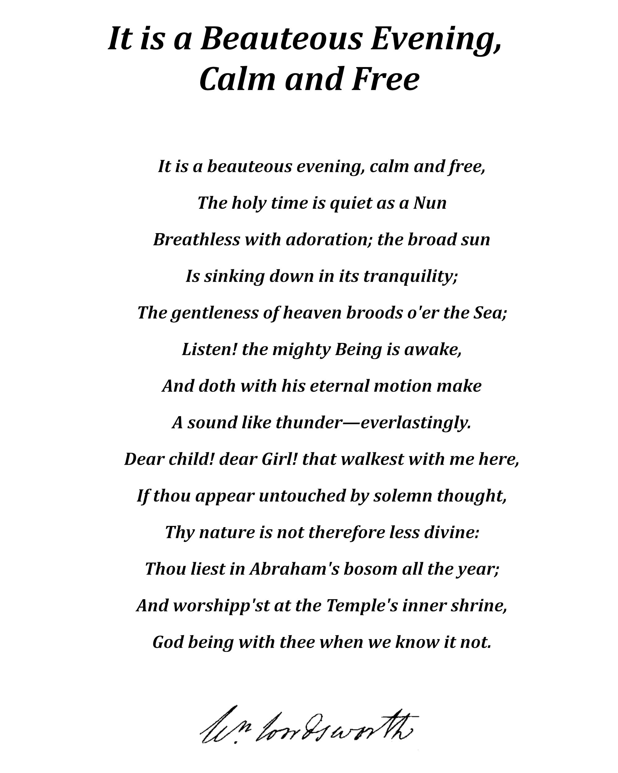 It is a Beauteous Evening, Calm and Free, Poem by William Wordsworth, Typography Print
