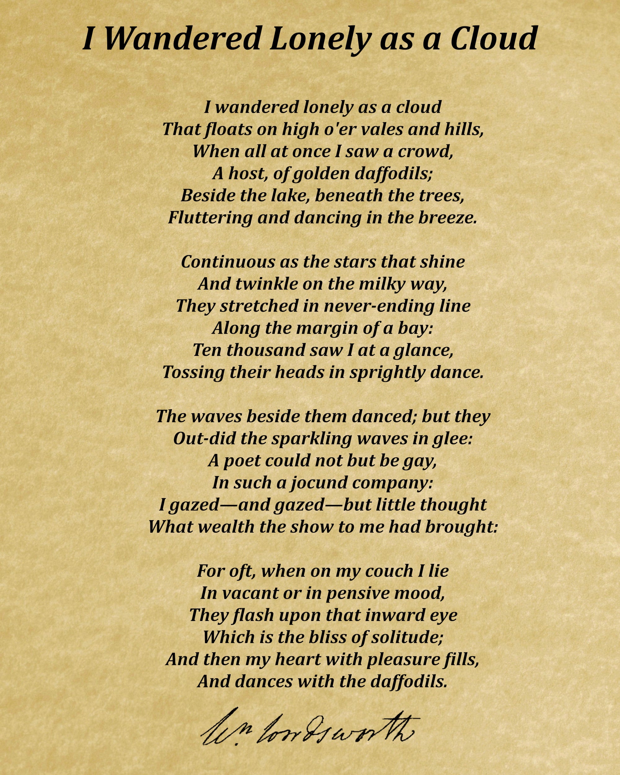 I Wandered Lonely as a Cloud, Poem by William Wordsworth, Typography Print