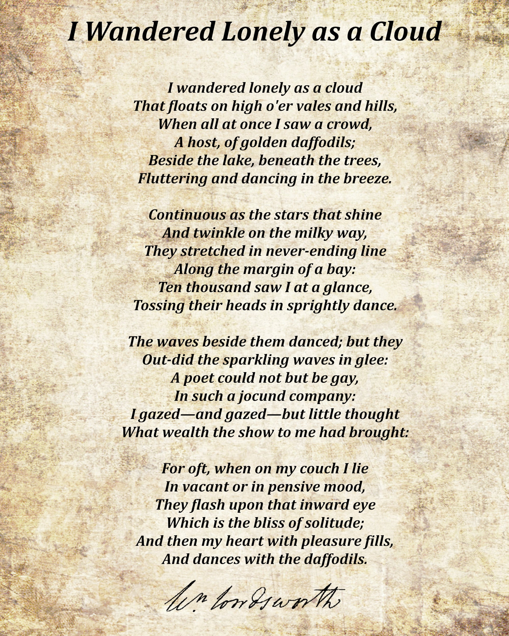 I Wandered Lonely as a Cloud, Poem by William Wordsworth, Typography Print