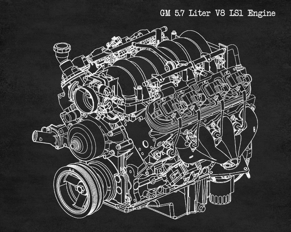 GM V8 Engine Blueprint Automotive LS1 Engine Patent Print