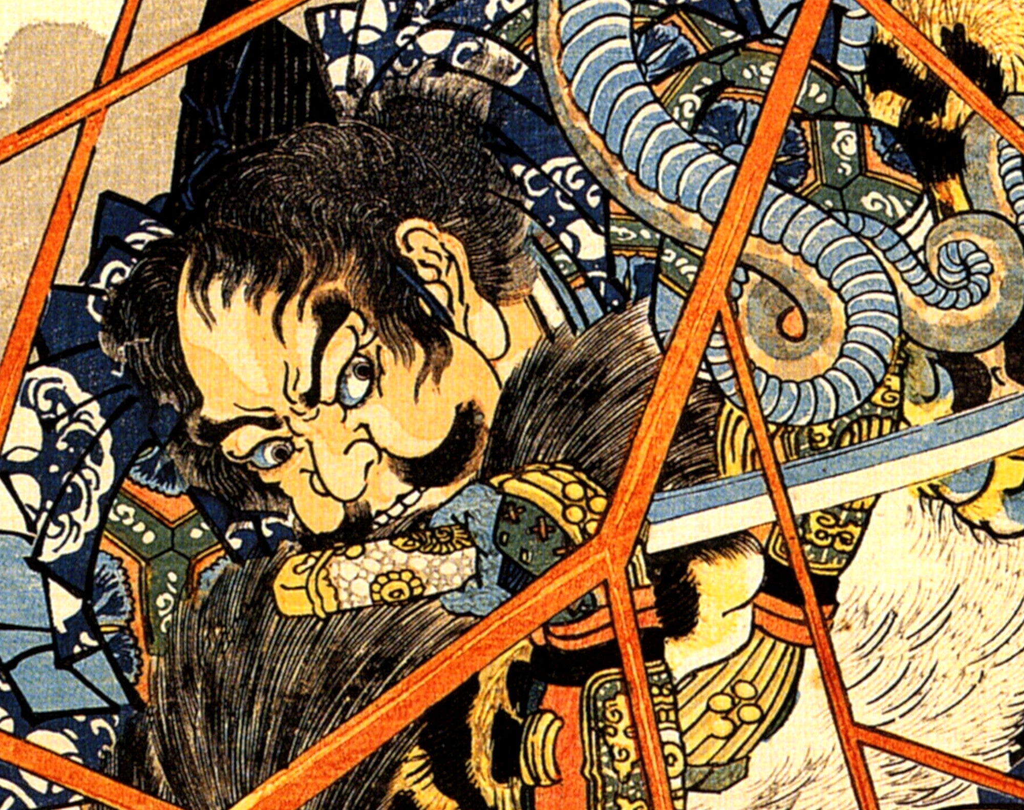 Utagawa Kuniyoshi, Japanese Fine Art Print, Li Hayata Hironao grappling with the monstruos nue