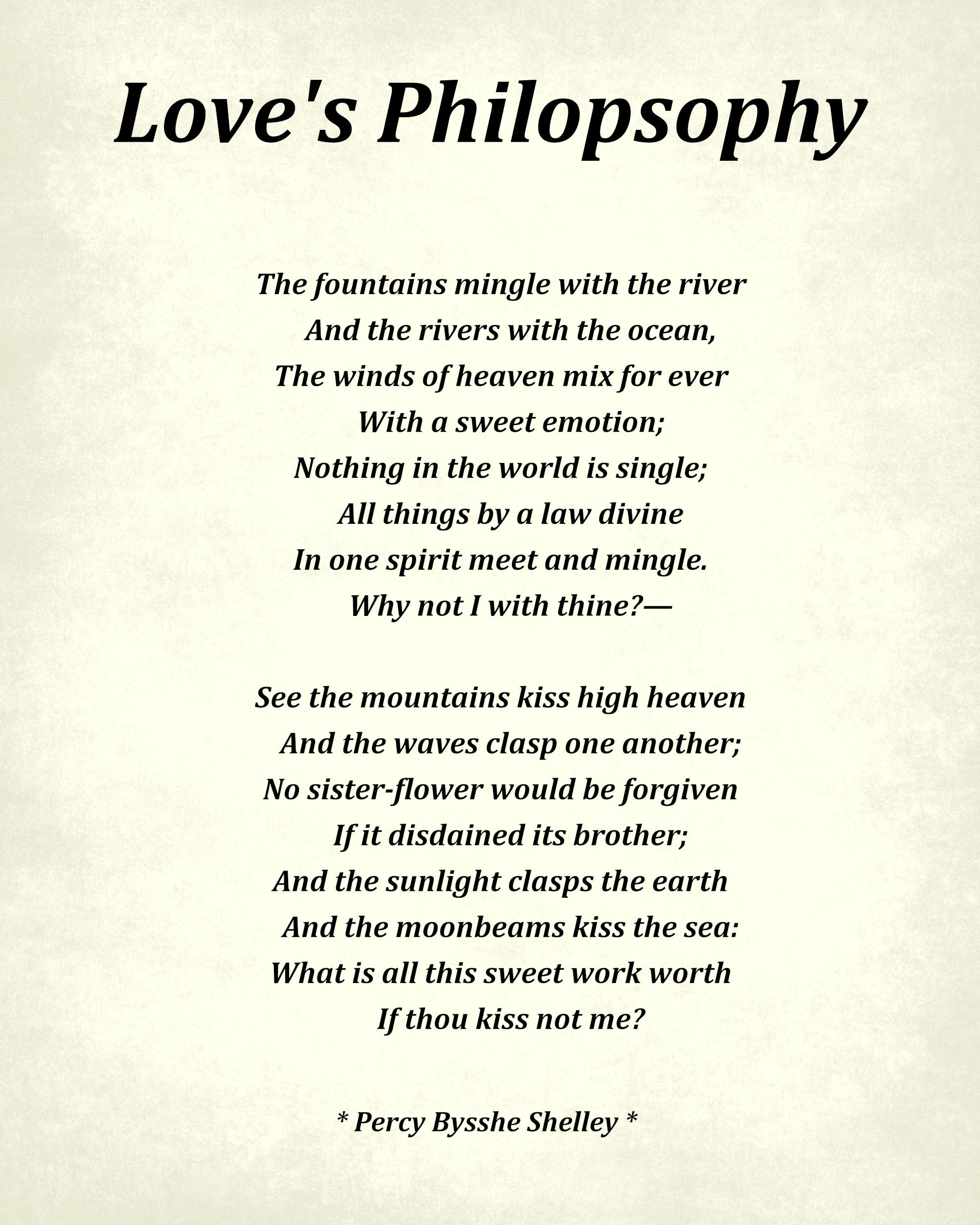 Love's Philosophy Poem by Percy Bysshe Shelley, Typography Print