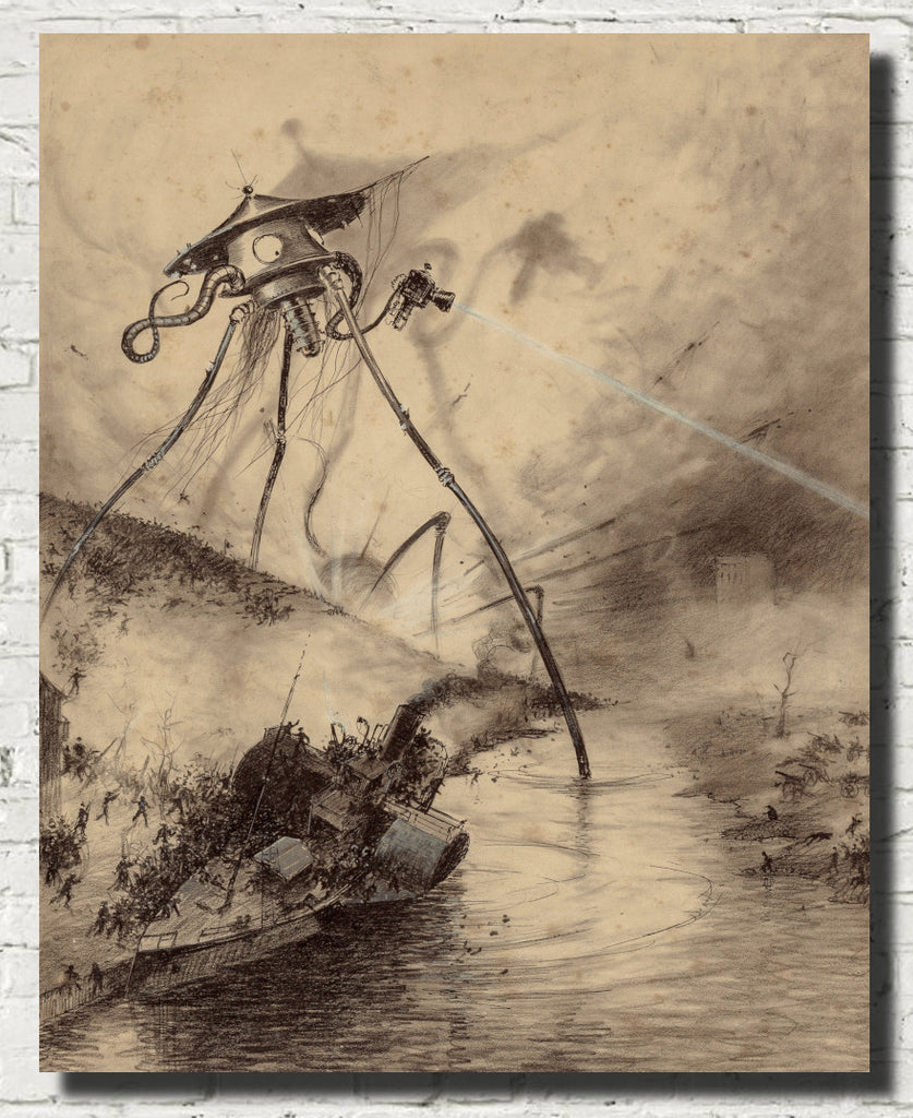 War of the Worlds Illustration, Martian Fighting Machine in the Thames Valley, Henrique Alvim Corrêa
