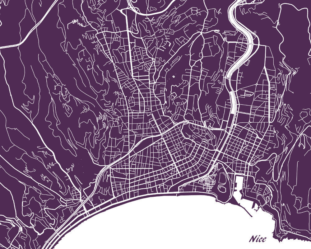 Nice City Street Map Print Feature Wall Art Poster