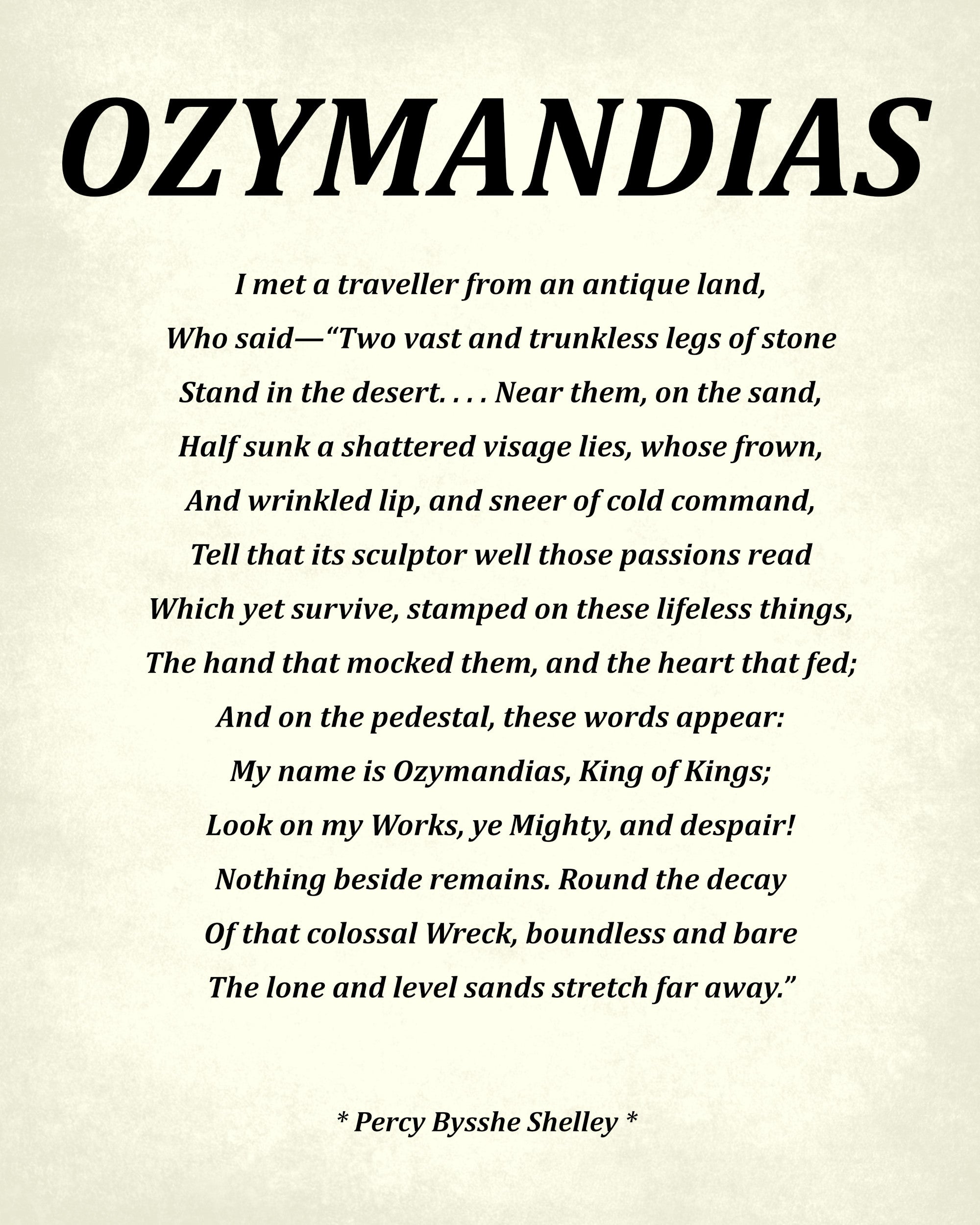 Ozymandias Poem by Percy Bysshe Shelley, Typography Print