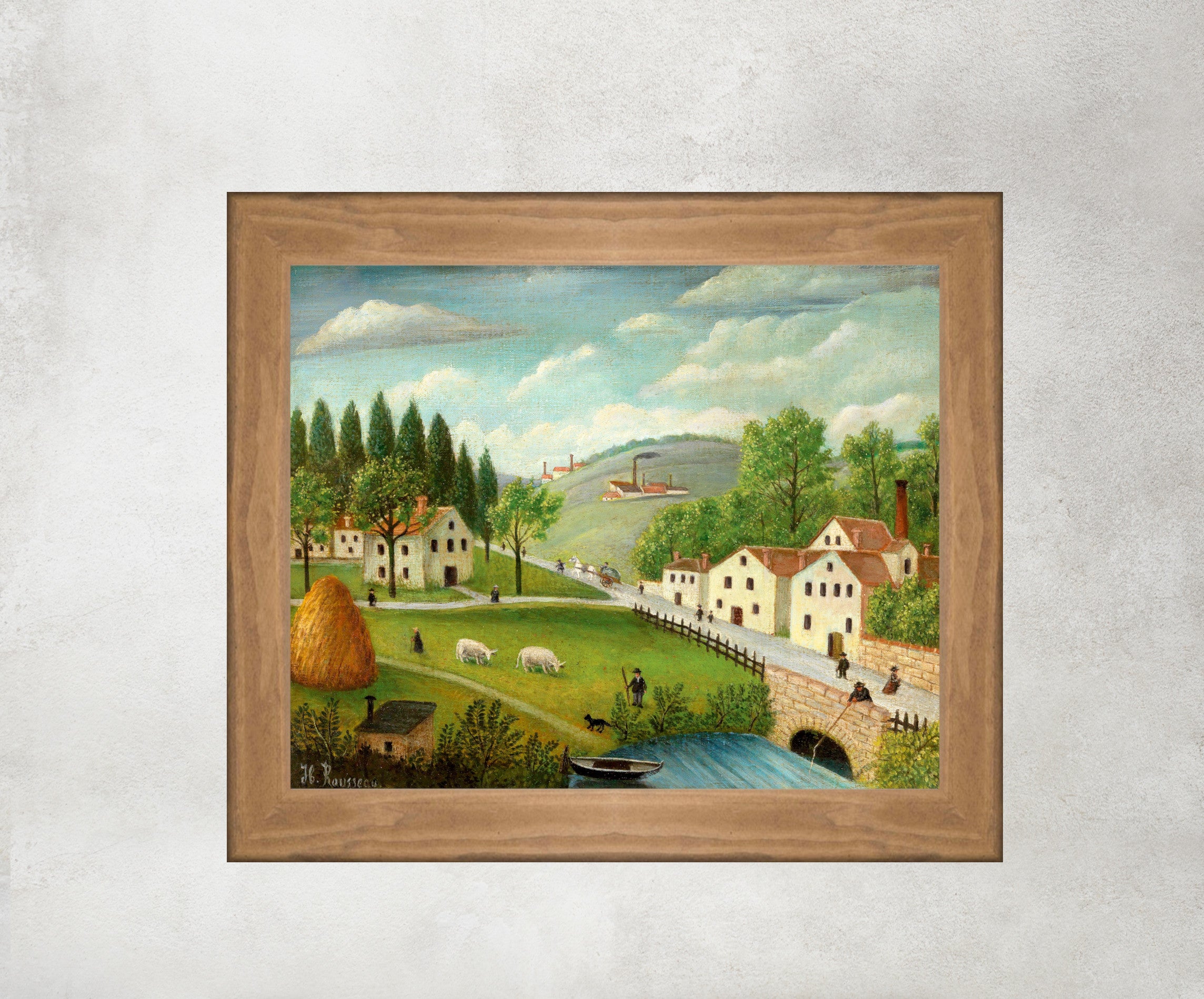 Pastoral Landscape with Stream Fisherman and Strollers, Henri Rousseau Framed Art Print