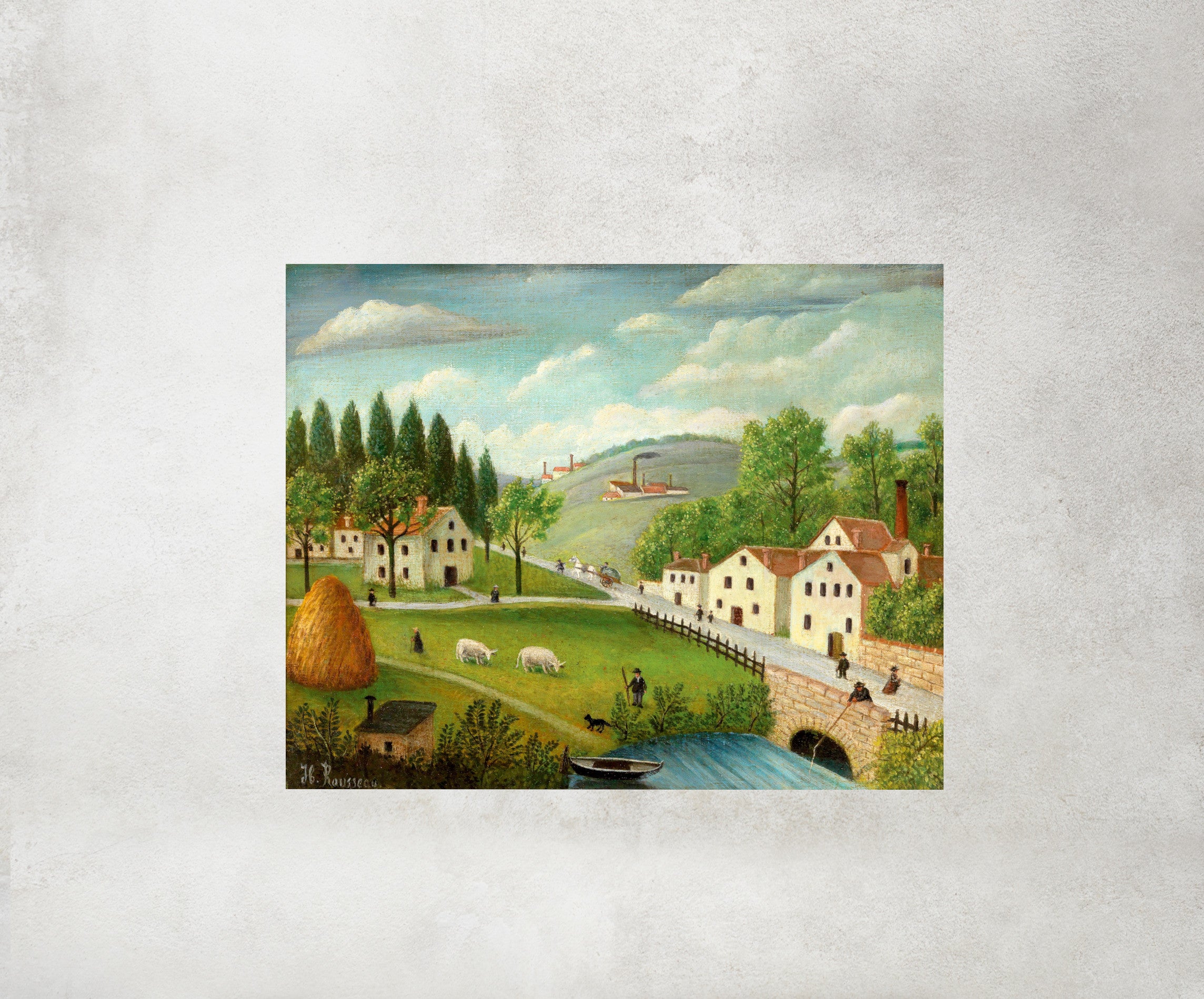 Pastoral Landscape with Stream Fisherman and Strollers, Henri Rousseau Framed Art Print
