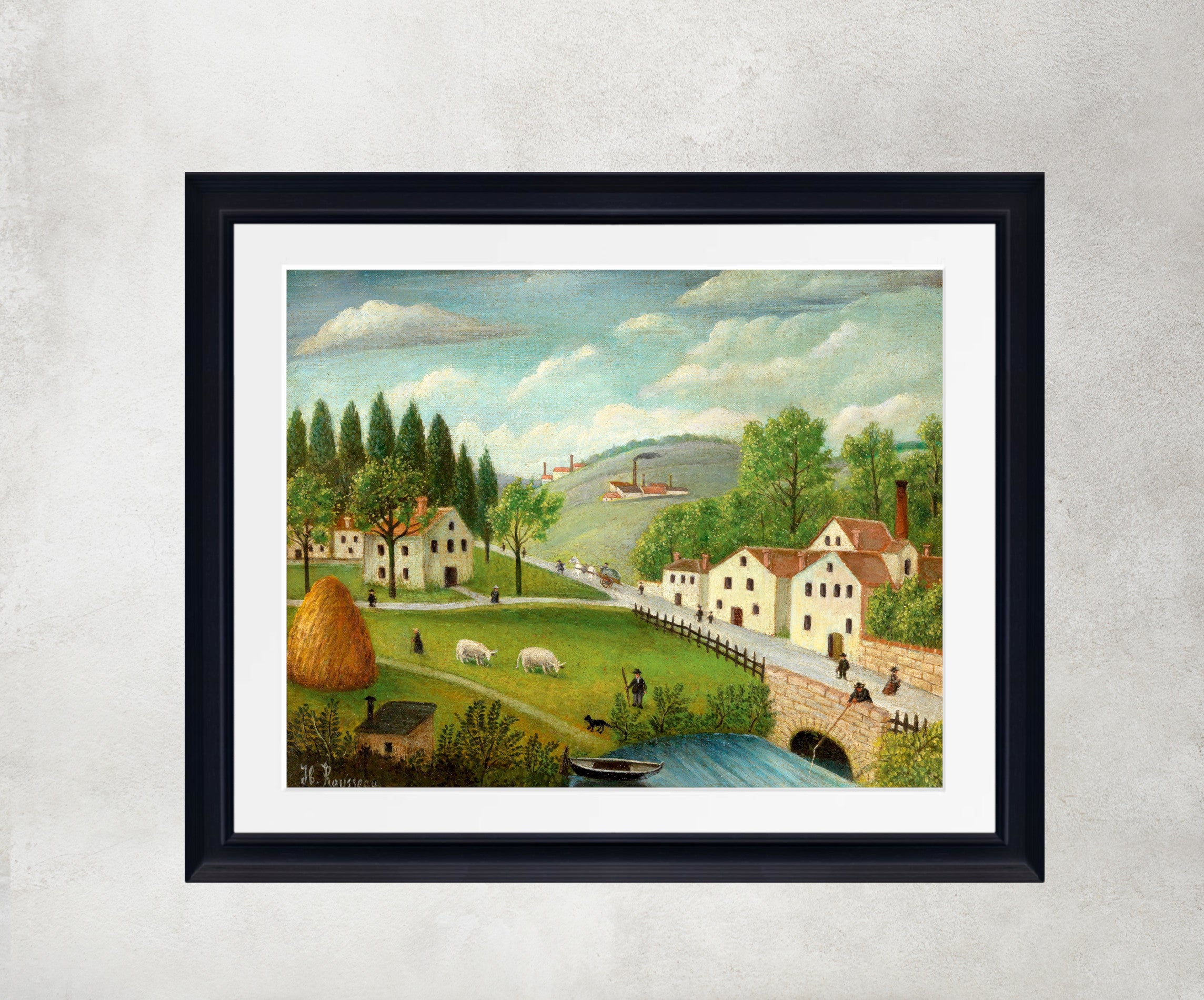 Pastoral Landscape with Stream Fisherman and Strollers, Henri Rousseau Framed Art Print