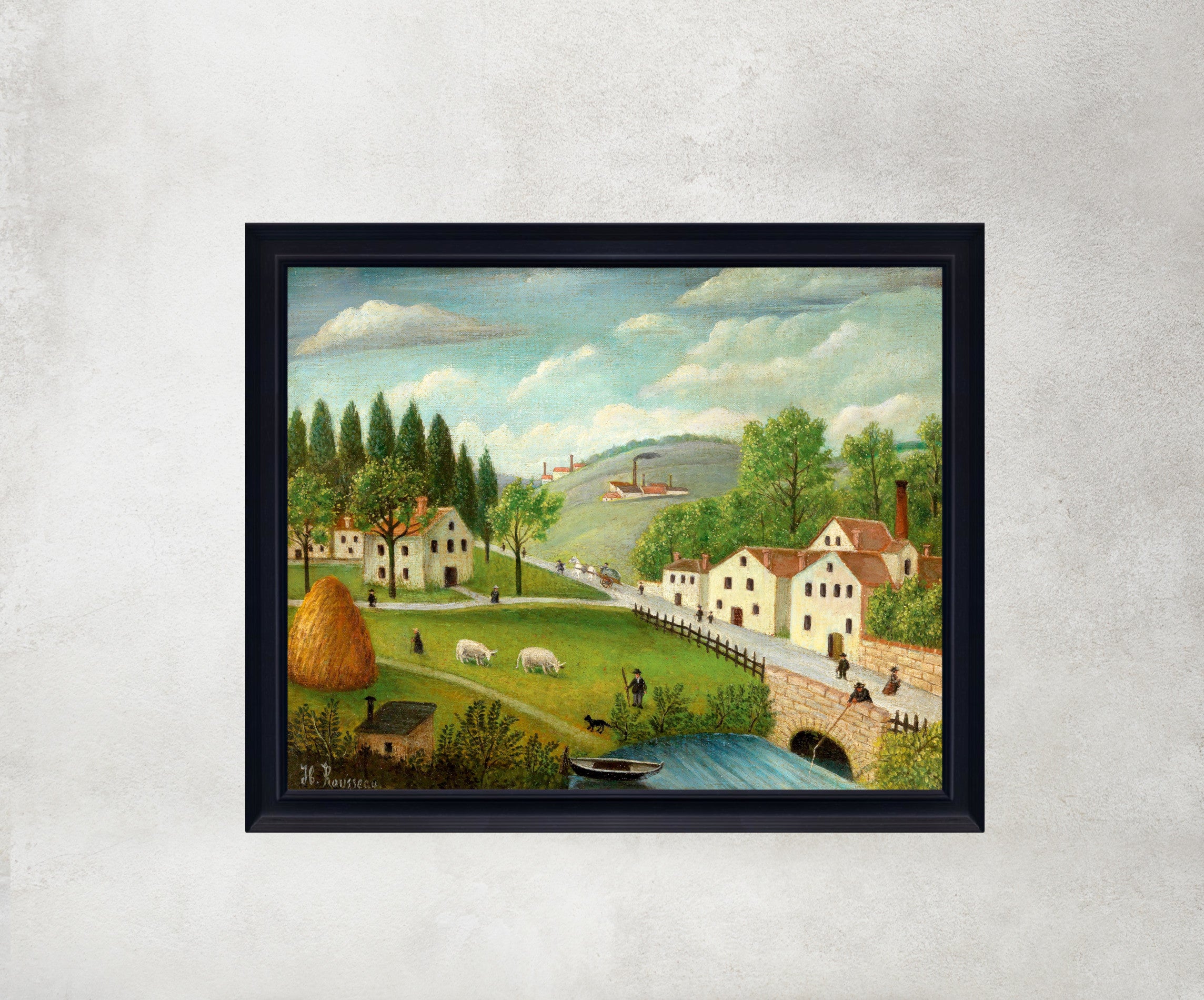 Pastoral Landscape with Stream Fisherman and Strollers, Henri Rousseau Framed Art Print