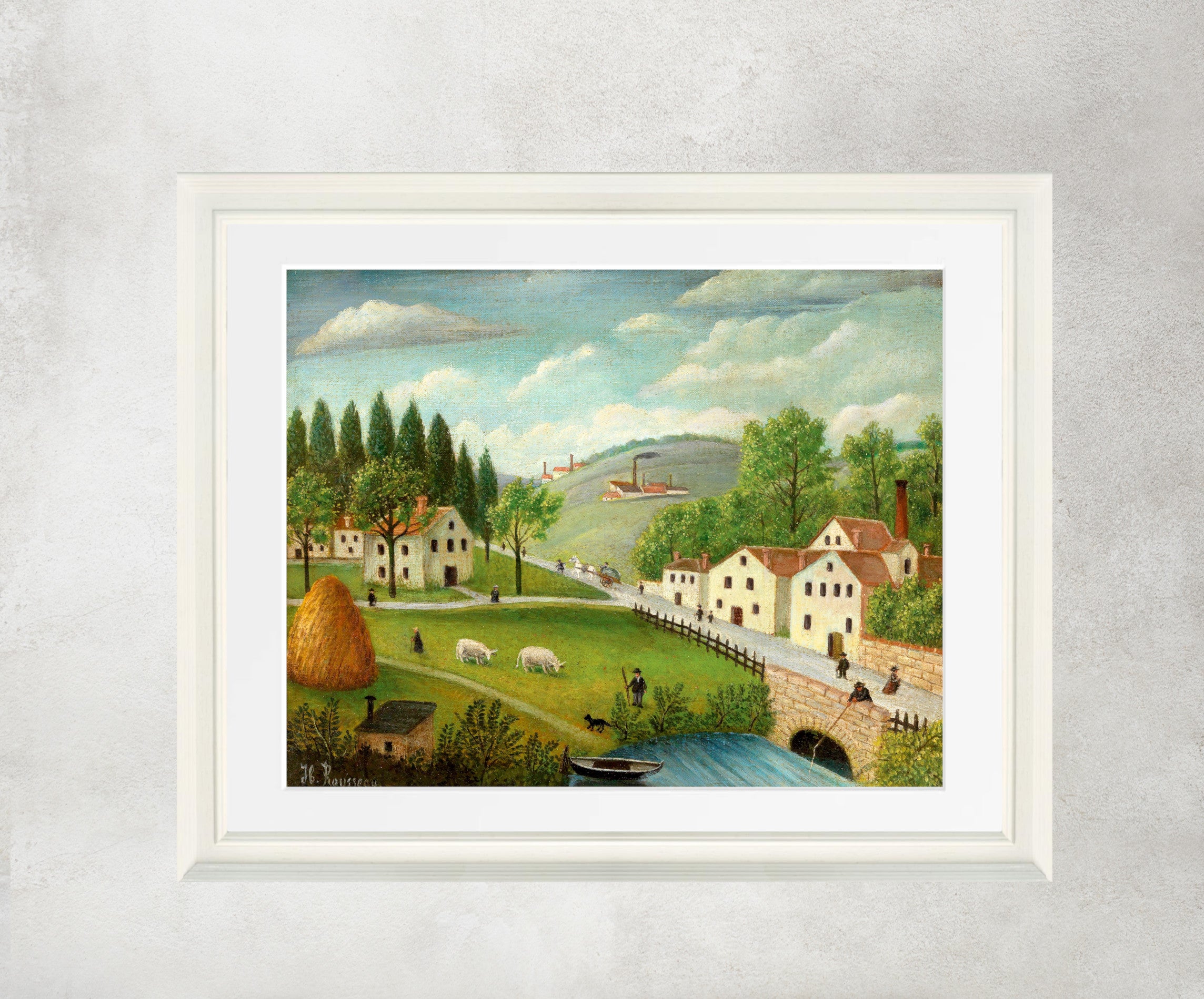 Pastoral Landscape with Stream Fisherman and Strollers, Henri Rousseau Framed Art Print