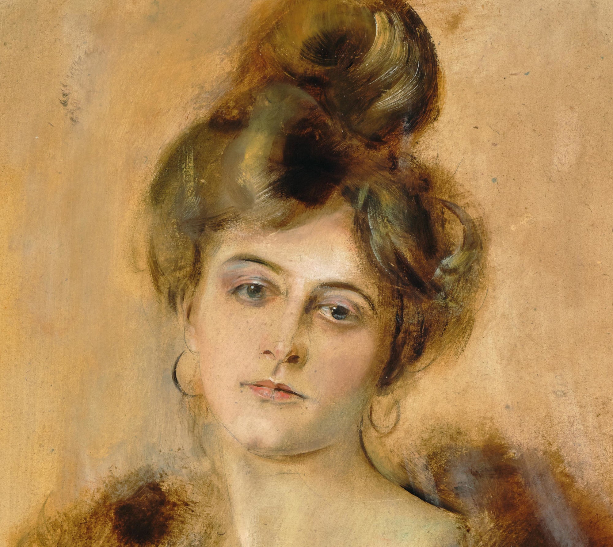 Franz von Lenbach Fine Art Print, Portrait of a Lady with Creole Earrings and a Fur Collar