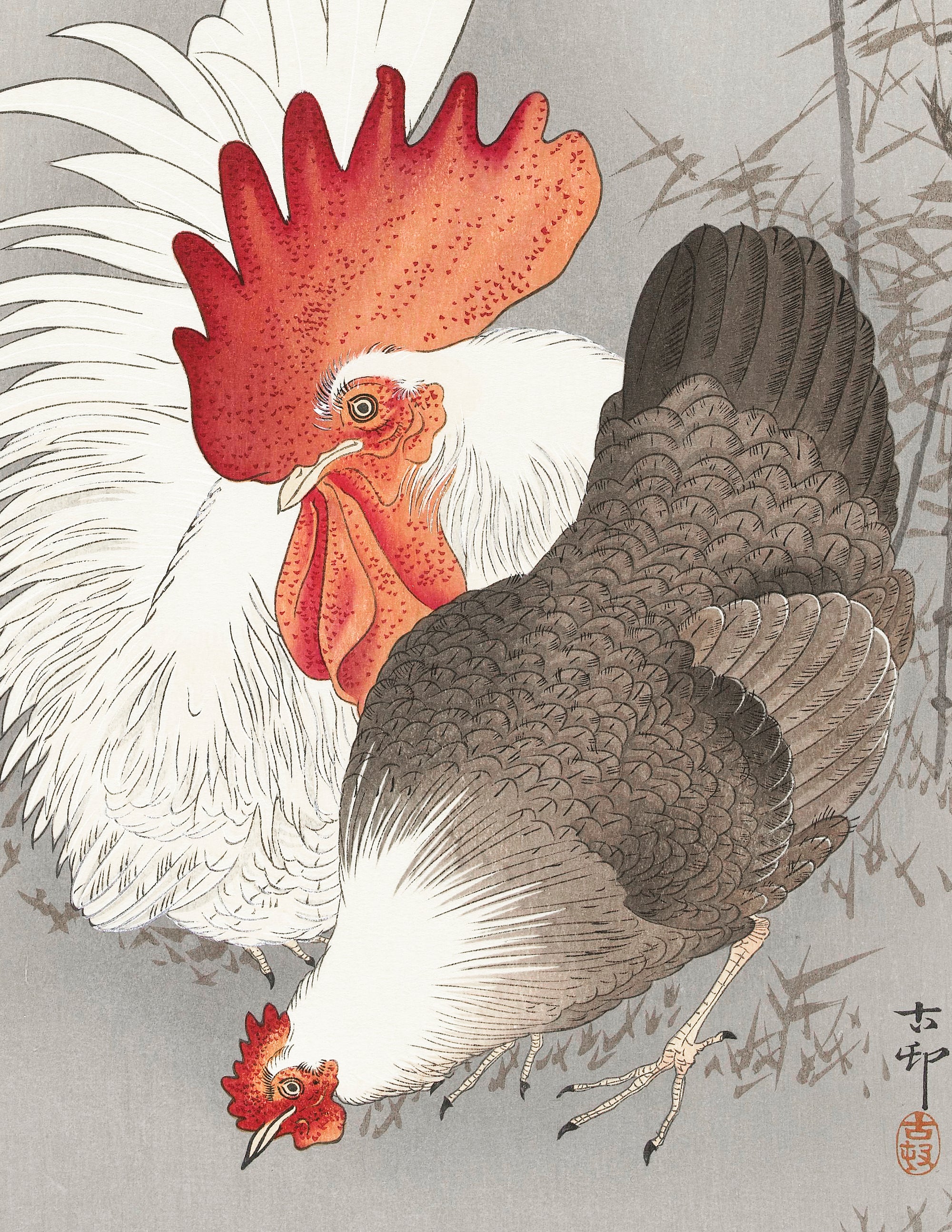Rooster and Chicken JAPANESE FINE ART PRINT, OHARA KOSON - GalleryThane.com