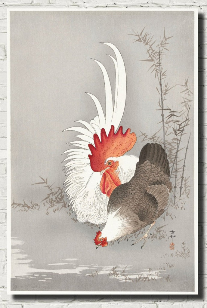 Rooster and Chicken JAPANESE FINE ART PRINT, OHARA KOSON - GalleryThane.com