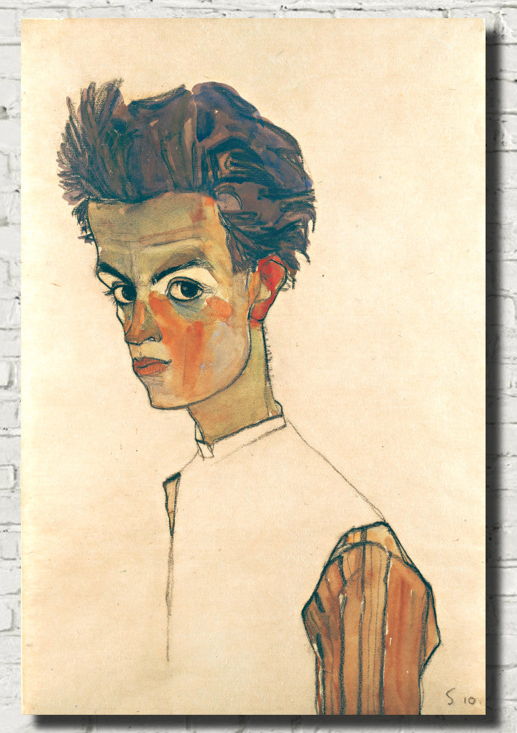 Egon Schiele Fine Art Print, Self Portrait Striped Shirt