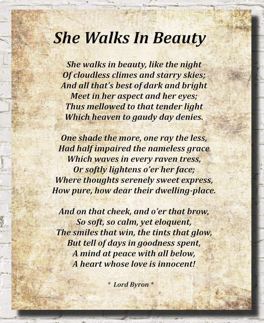 She Walks In Beauty Poem by Lord Byron, Typography Print