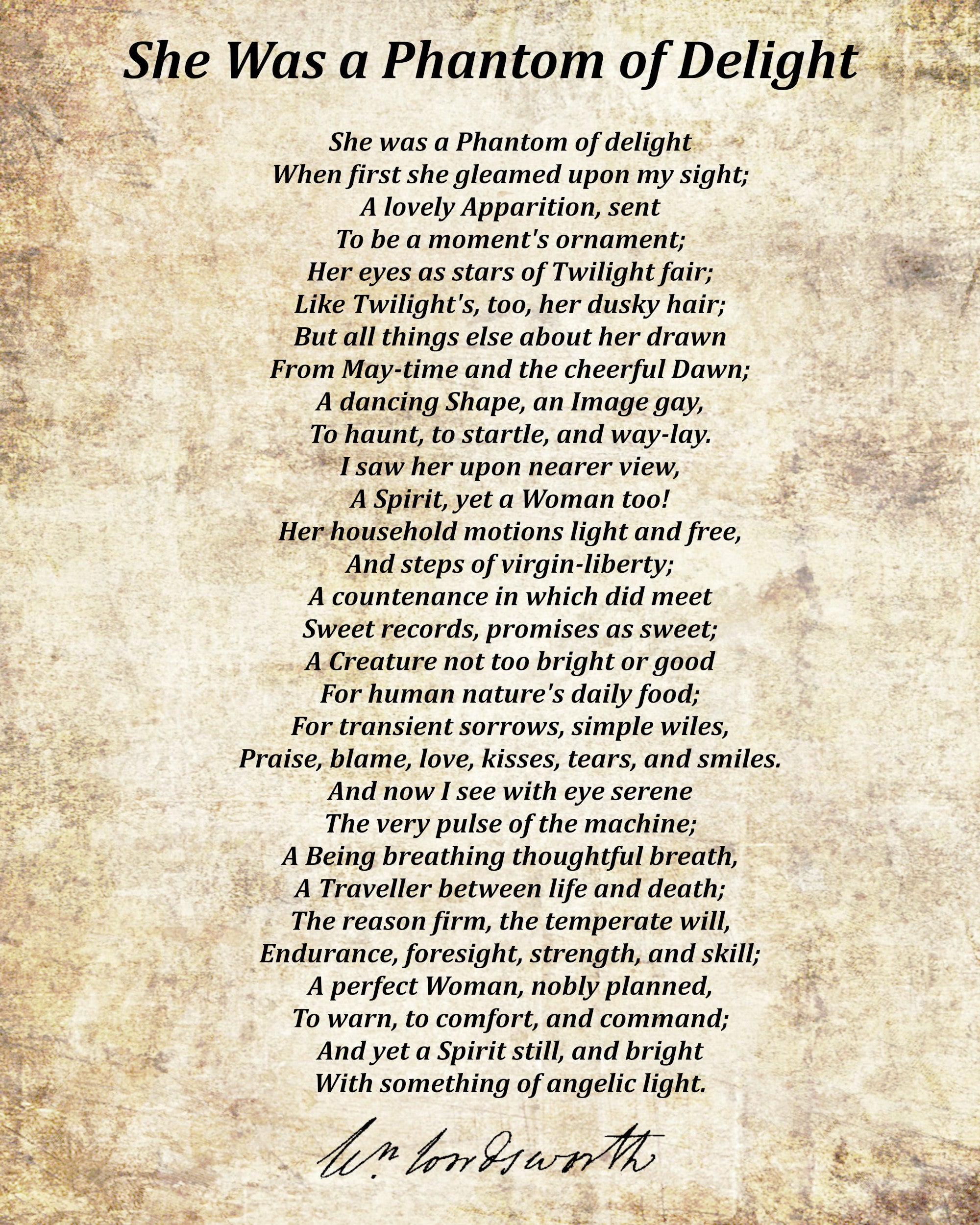 She Was a Phantom of Delight, Poem by William Wordsworth, Typography Print