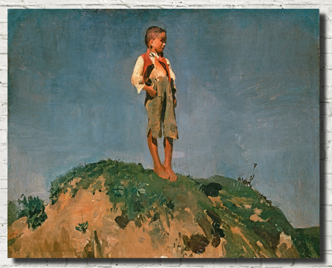 Franz von Lenbach Fine Art Print, Shepherd Boy Standing on a Grass Hill