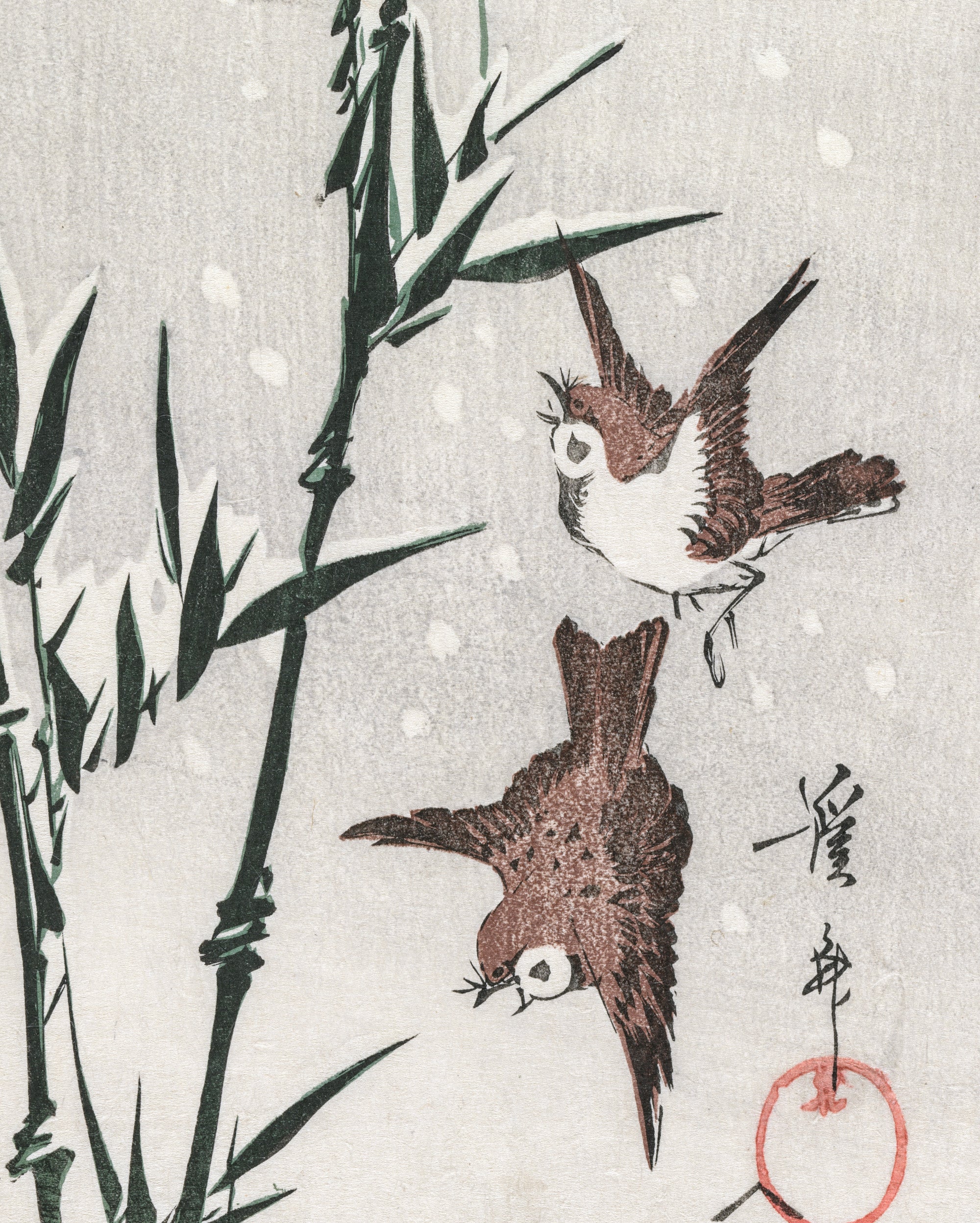 Keisai Eisen, Japanese Art Print : Sparrows, Bamboo and Falling Snow