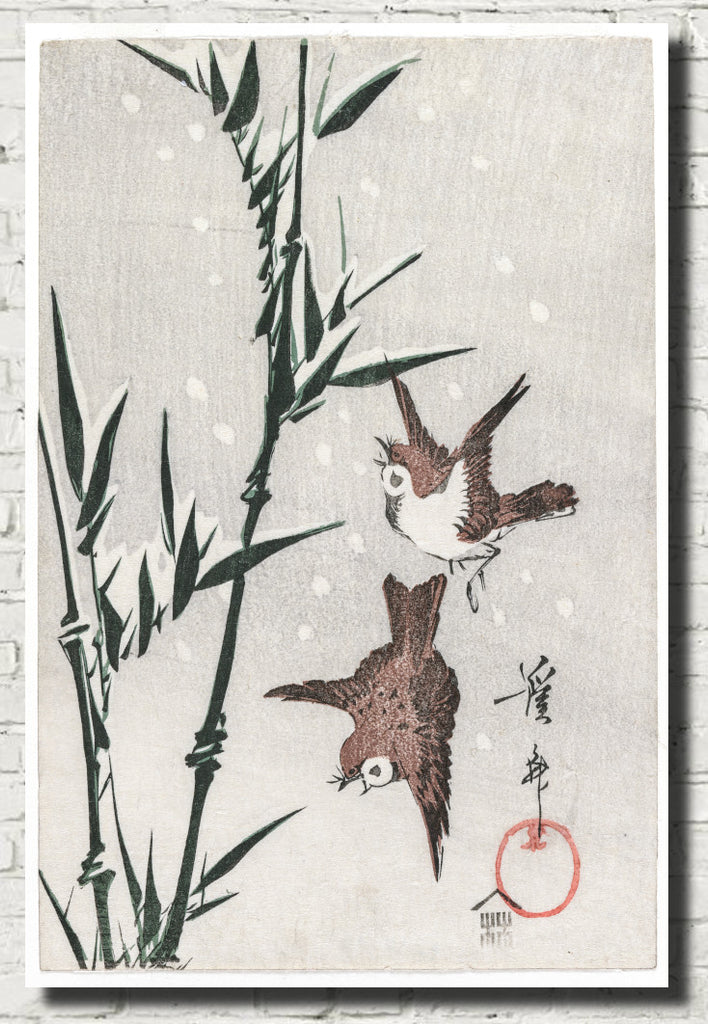 Keisai Eisen, Japanese Art Print : Sparrows, Bamboo and Falling Snow