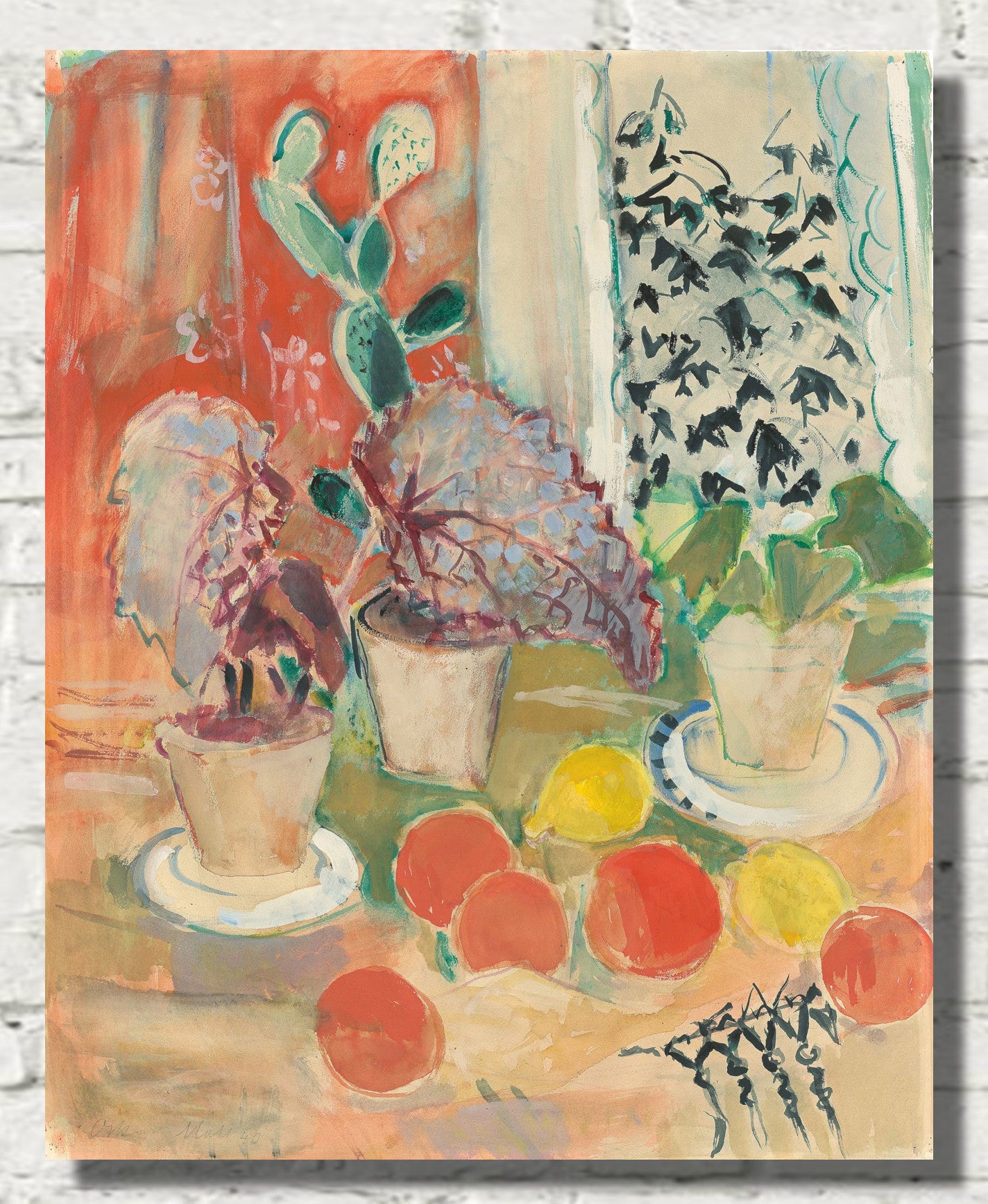 Still life with leafy cactus and citrus fruits, Oskar Moll