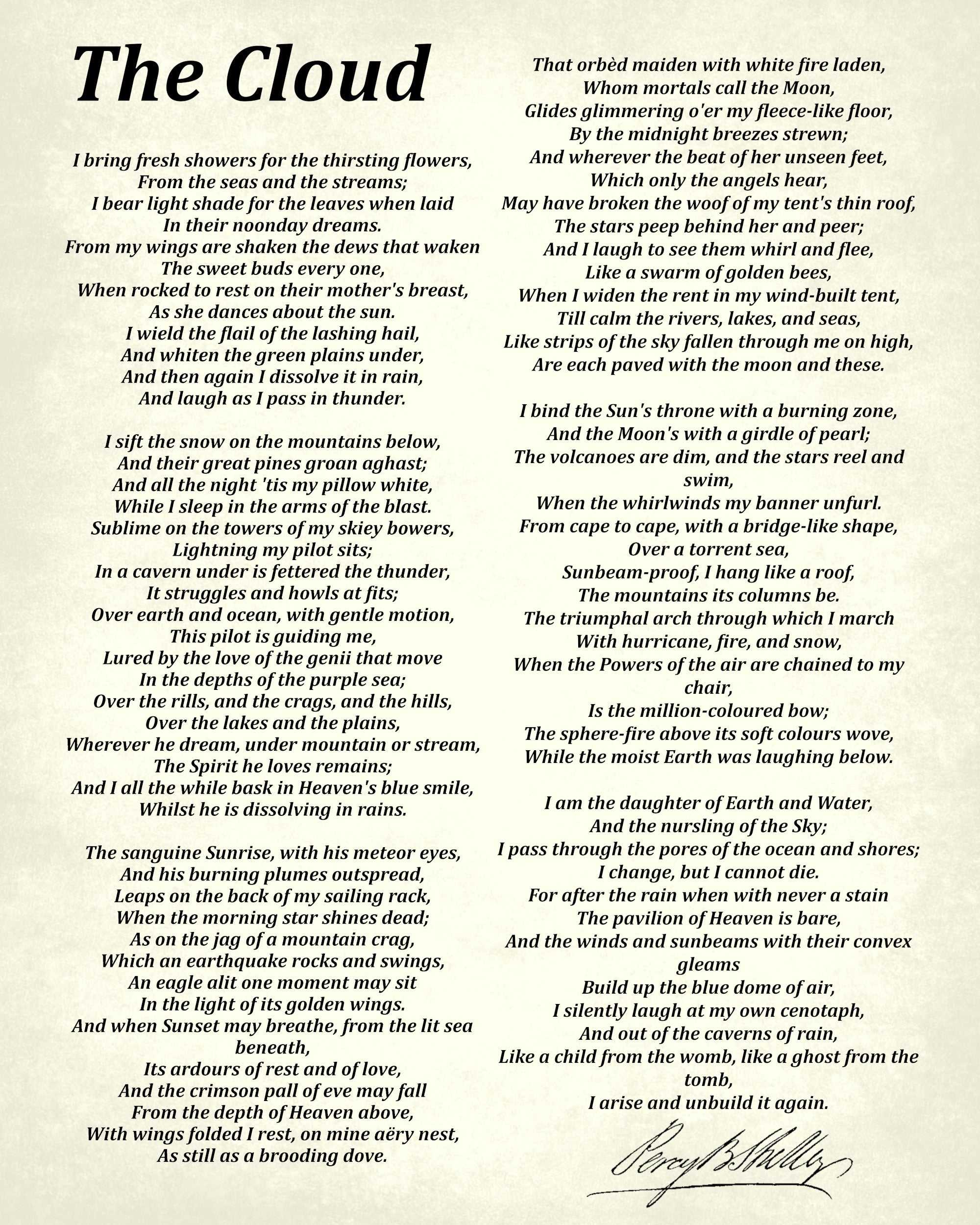The Cloud, Poem by Percy Bysshe Shelley, Typography Print