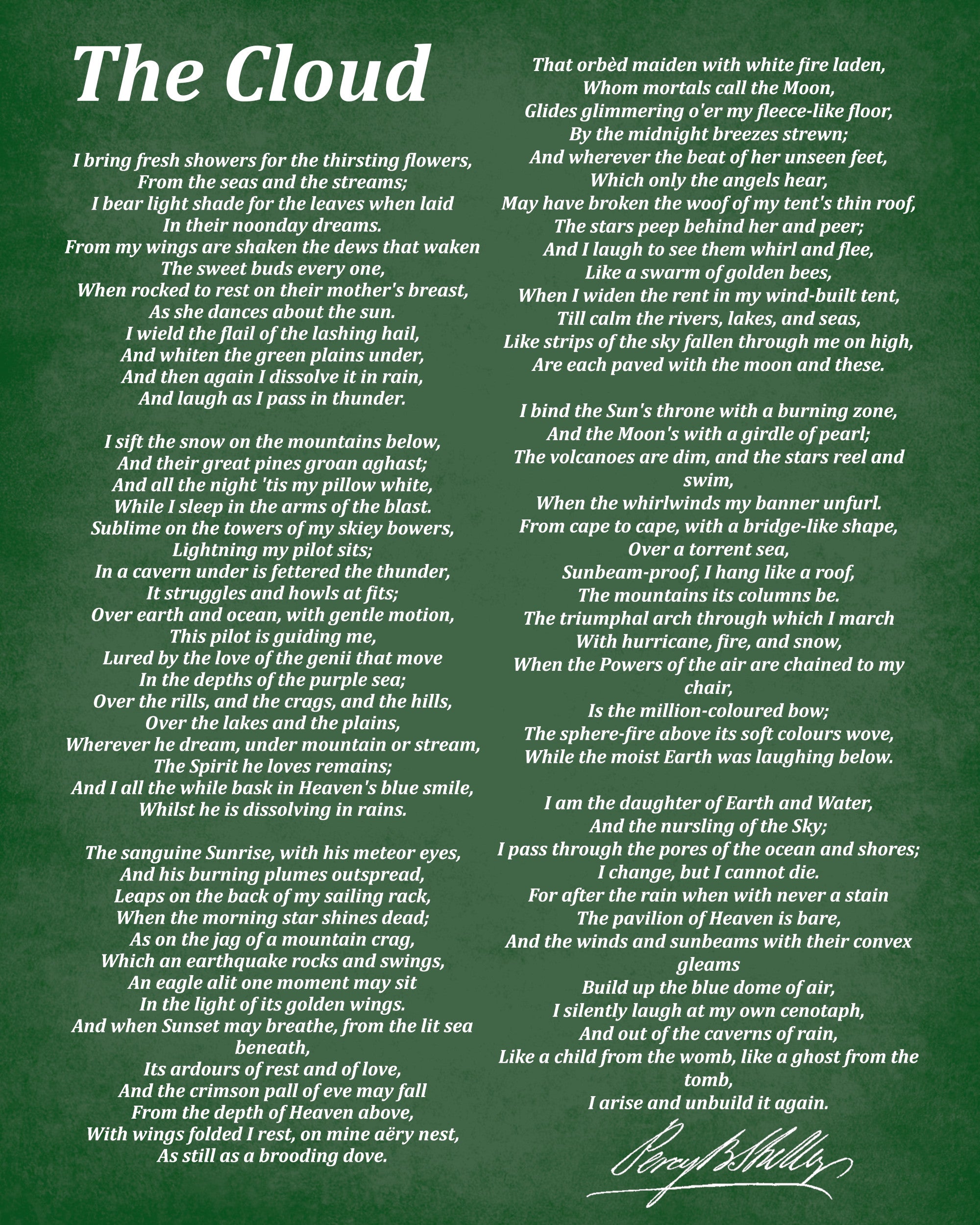 The Cloud, Poem by Percy Bysshe Shelley, Typography Print