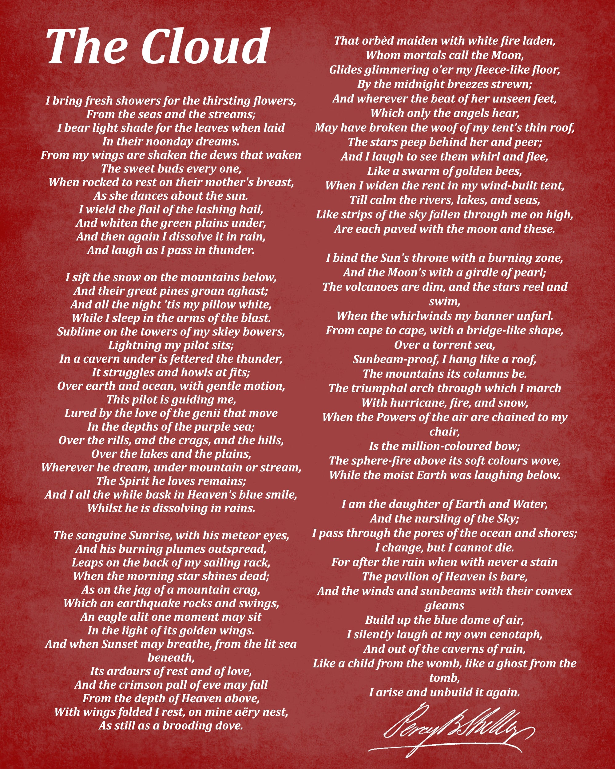 The Cloud, Poem by Percy Bysshe Shelley, Typography Print