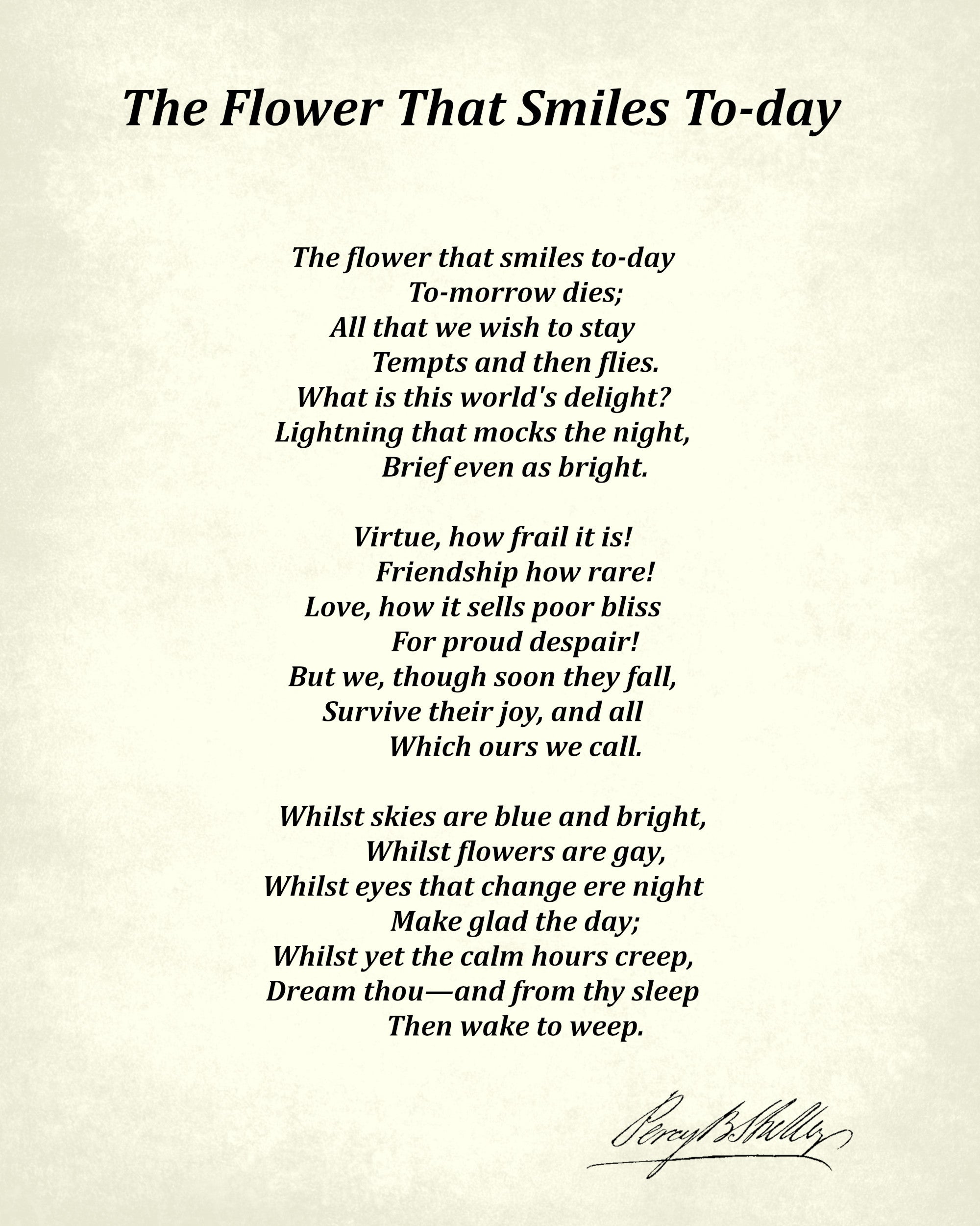 The Flower That Smiles To-day, Poem by Percy Bysshe Shelley, Typography Print