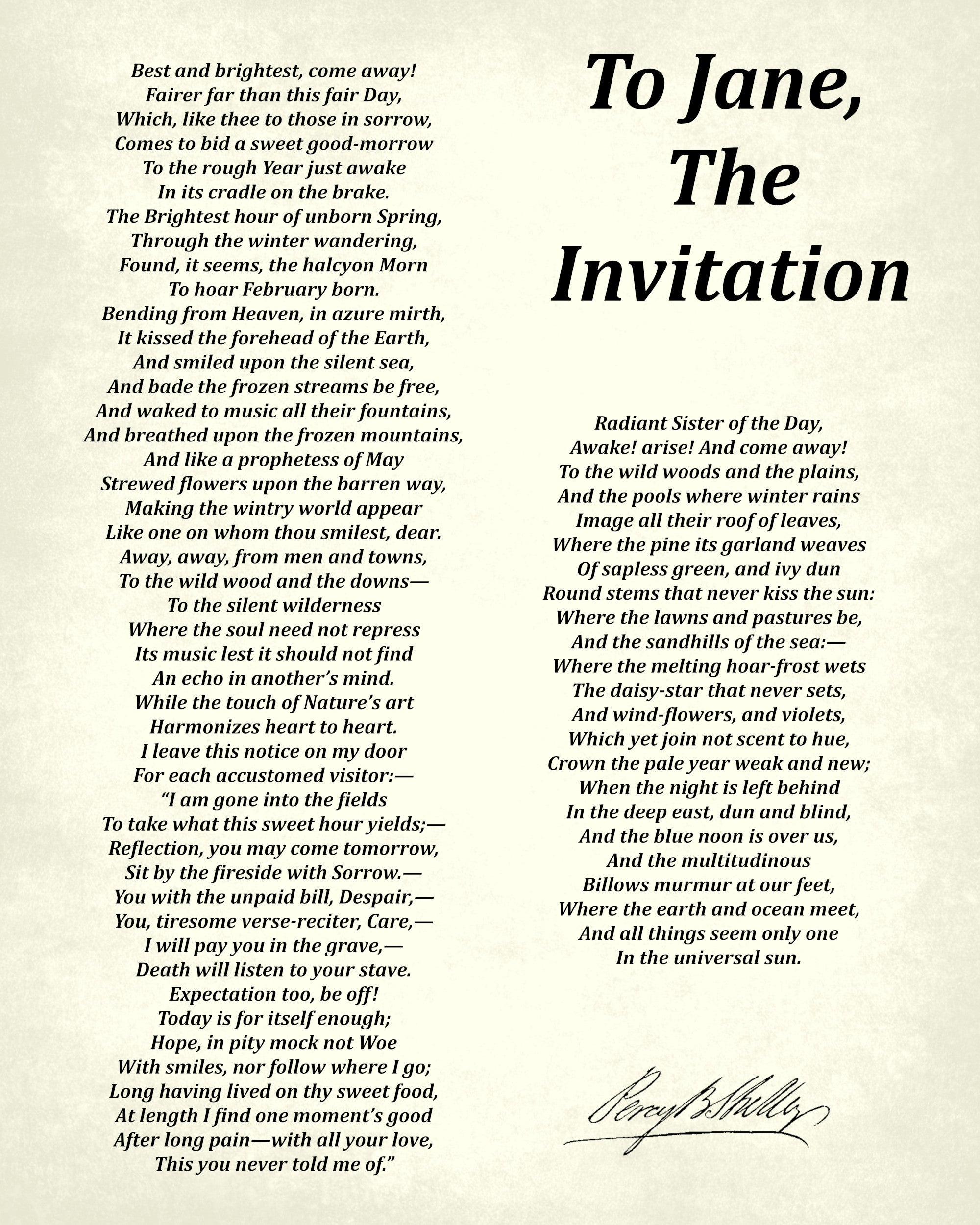 To Jane The Invitation, Poem by Percy Bysshe Shelley, Typography Print