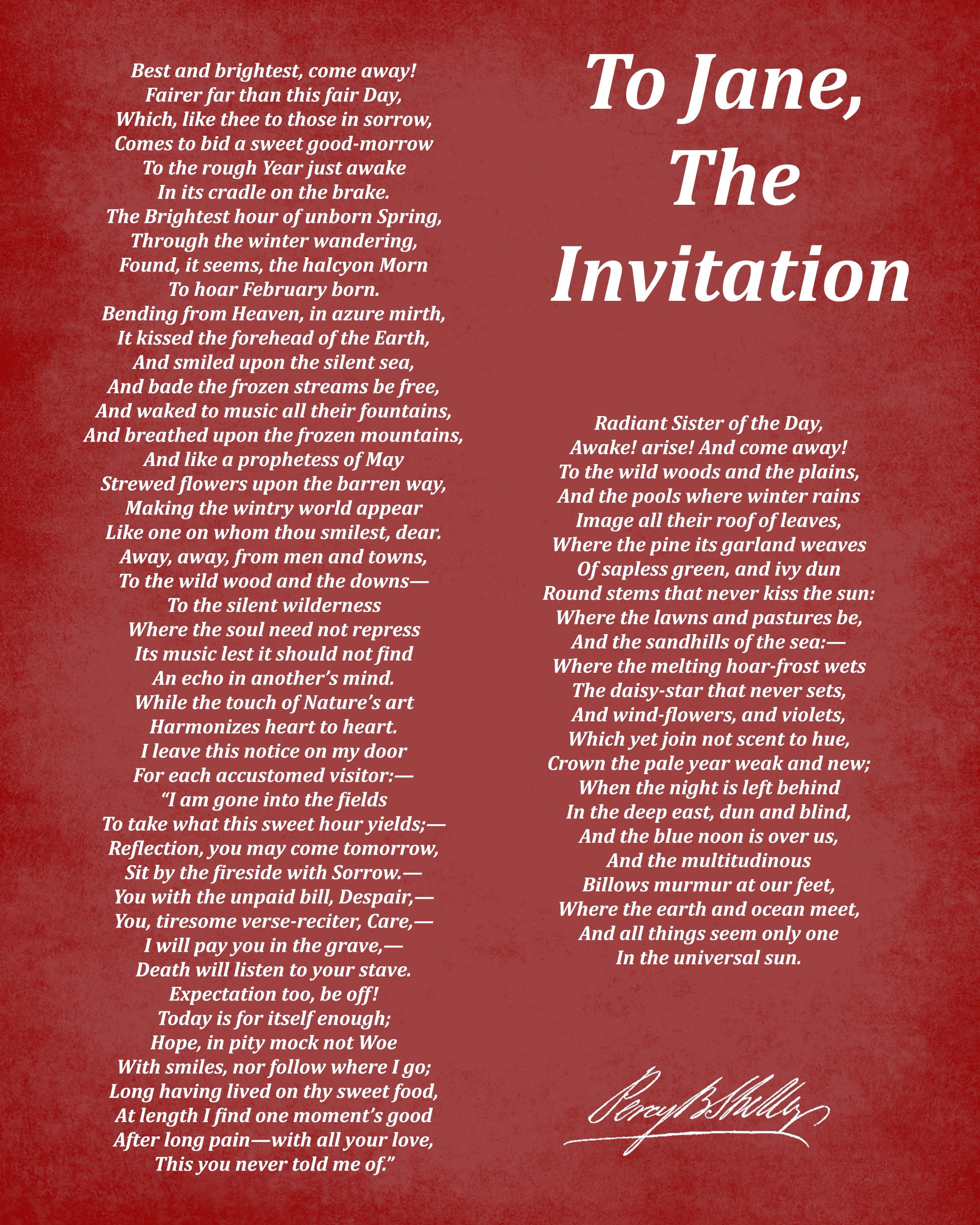 To Jane The Invitation, Poem by Percy Bysshe Shelley, Typography Print