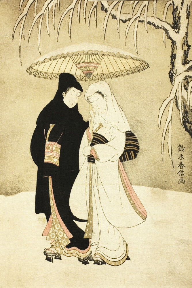 Suzuki Harunobu, Japanese Art Print : Two Lovers Beneath Umbrella in Snow
