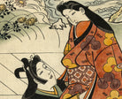 Hishikawa Moronobu Japanese Print, Two lovers embracing in front of a painted screen