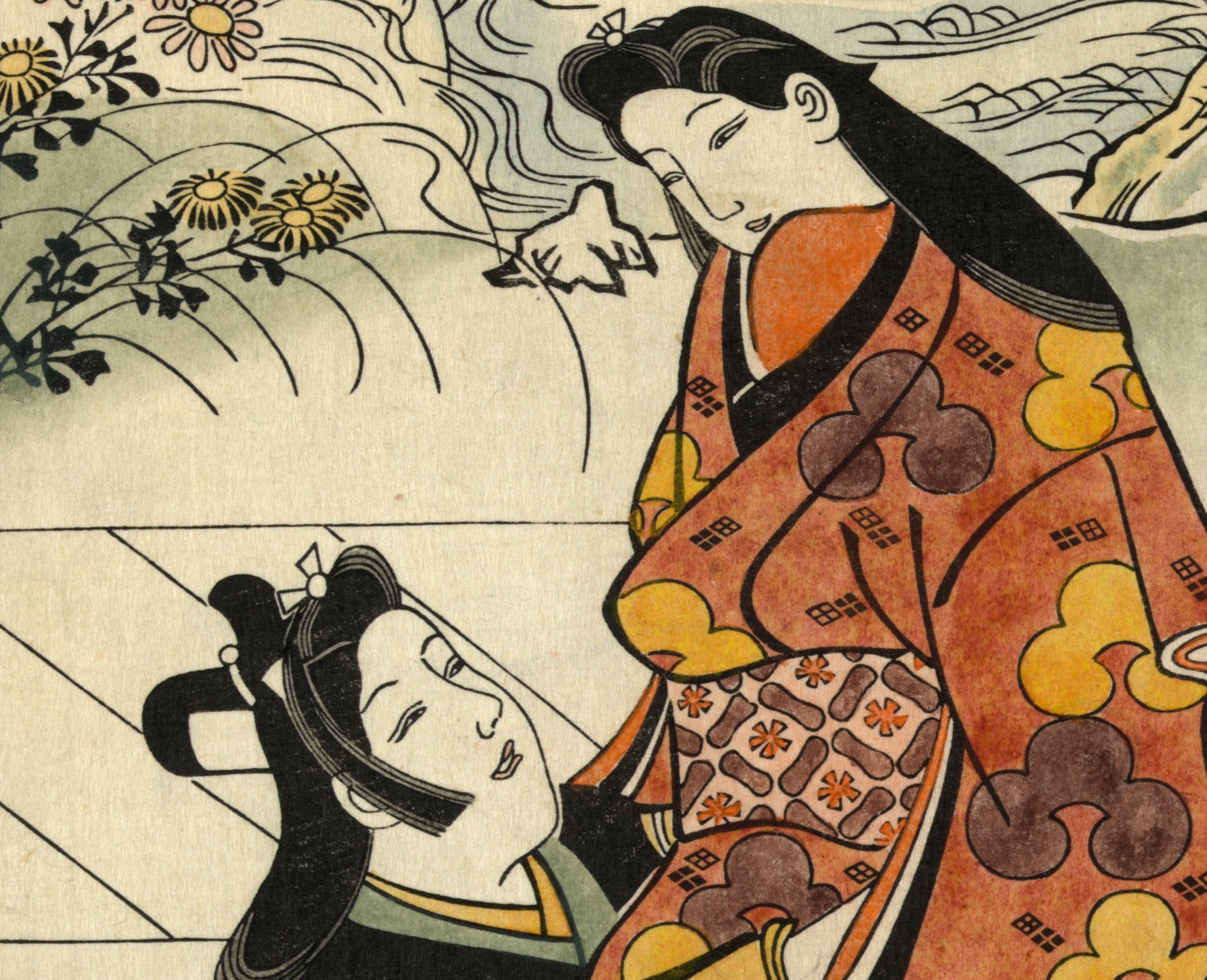 Hishikawa Moronobu Japanese Print, Two lovers embracing in front of a painted screen