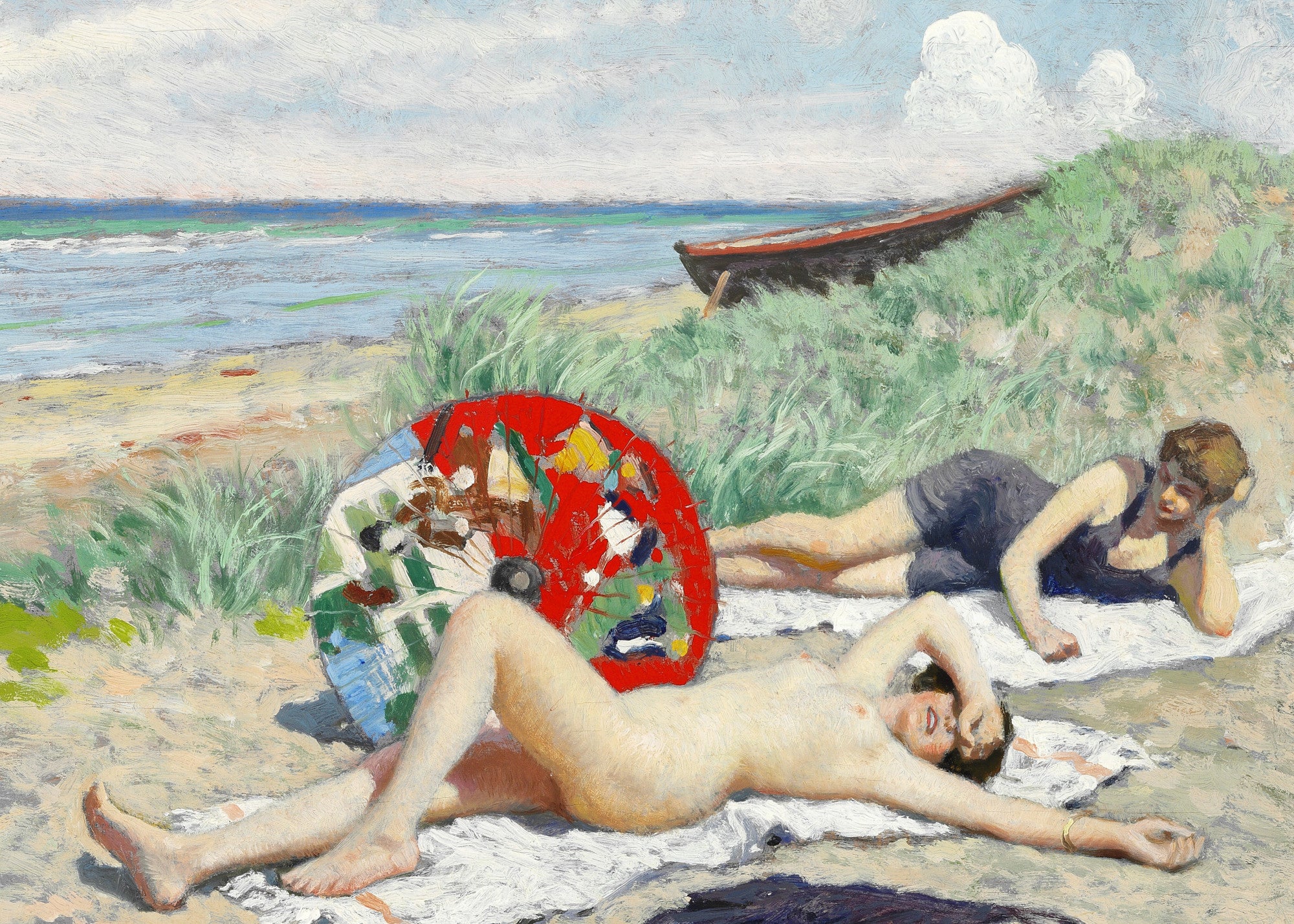 Paul Gustav Fischer Fine Art Print, Two young women and a Japanese parasol on Hornbæk beach