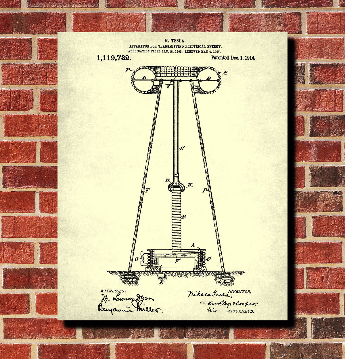 Nikola Tesla Blueprint Vintage Patent Print Design Electrical Poster