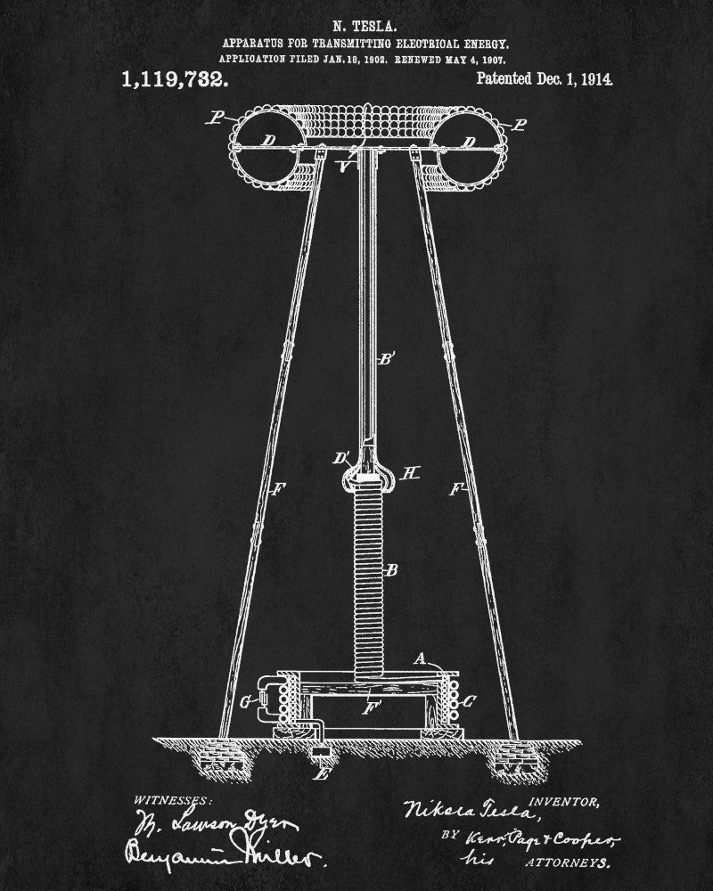 Nikola Tesla Blueprint Vintage Patent Print Design Electrical Poster