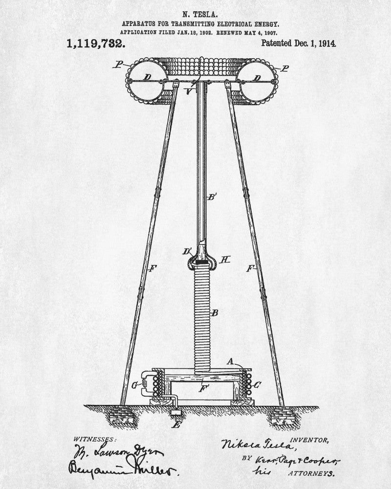 Nikola Tesla Blueprint Vintage Patent Print Design Electrical Poster