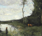 Jean-Baptiste-Camille Corot Fine Art Print, Girl and her cow at the pond
