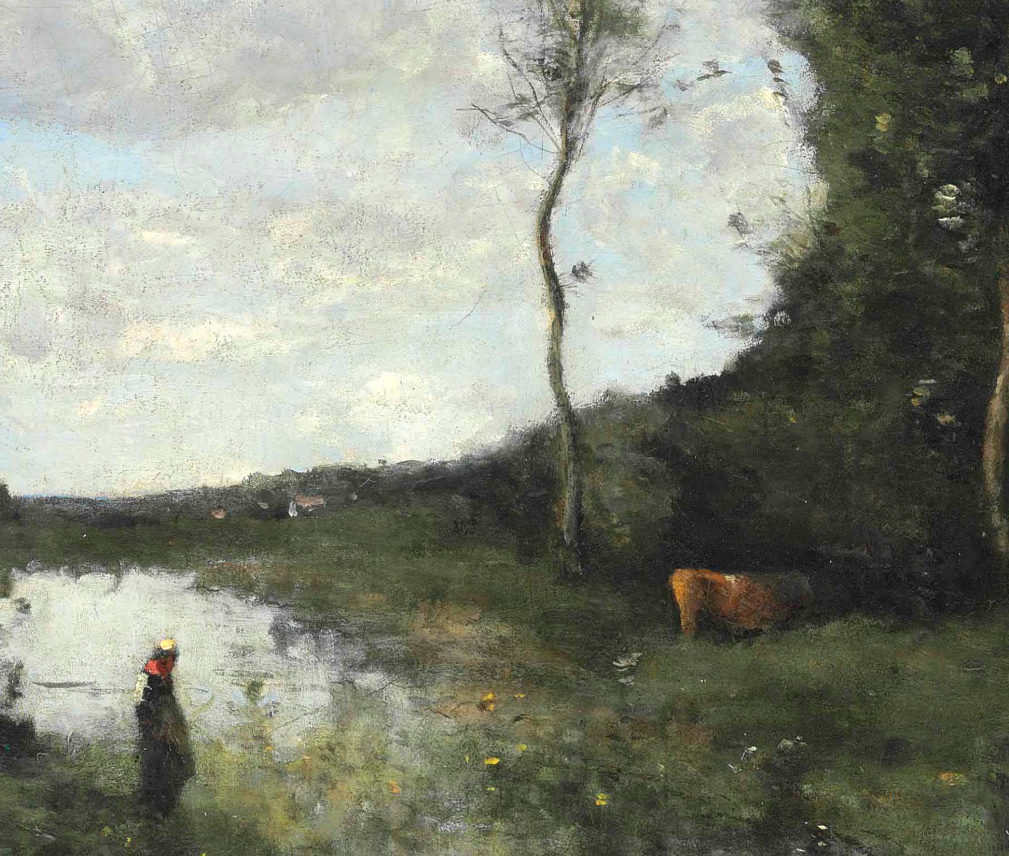 Jean-Baptiste-Camille Corot Fine Art Print, Girl and her cow at the pond